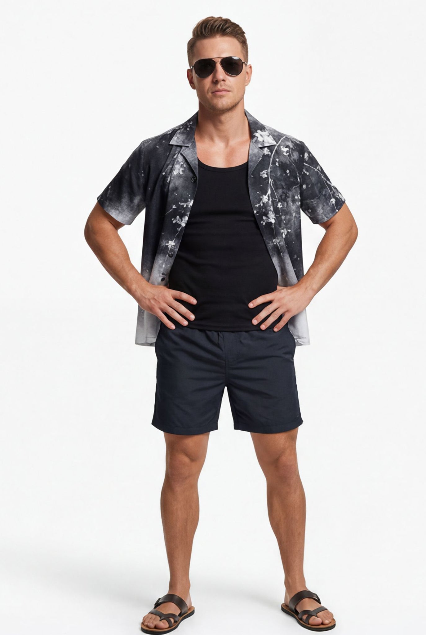 Hawaiian Aloha Shirt Men's Flowers Black White Degrade Modern Short Sleeve