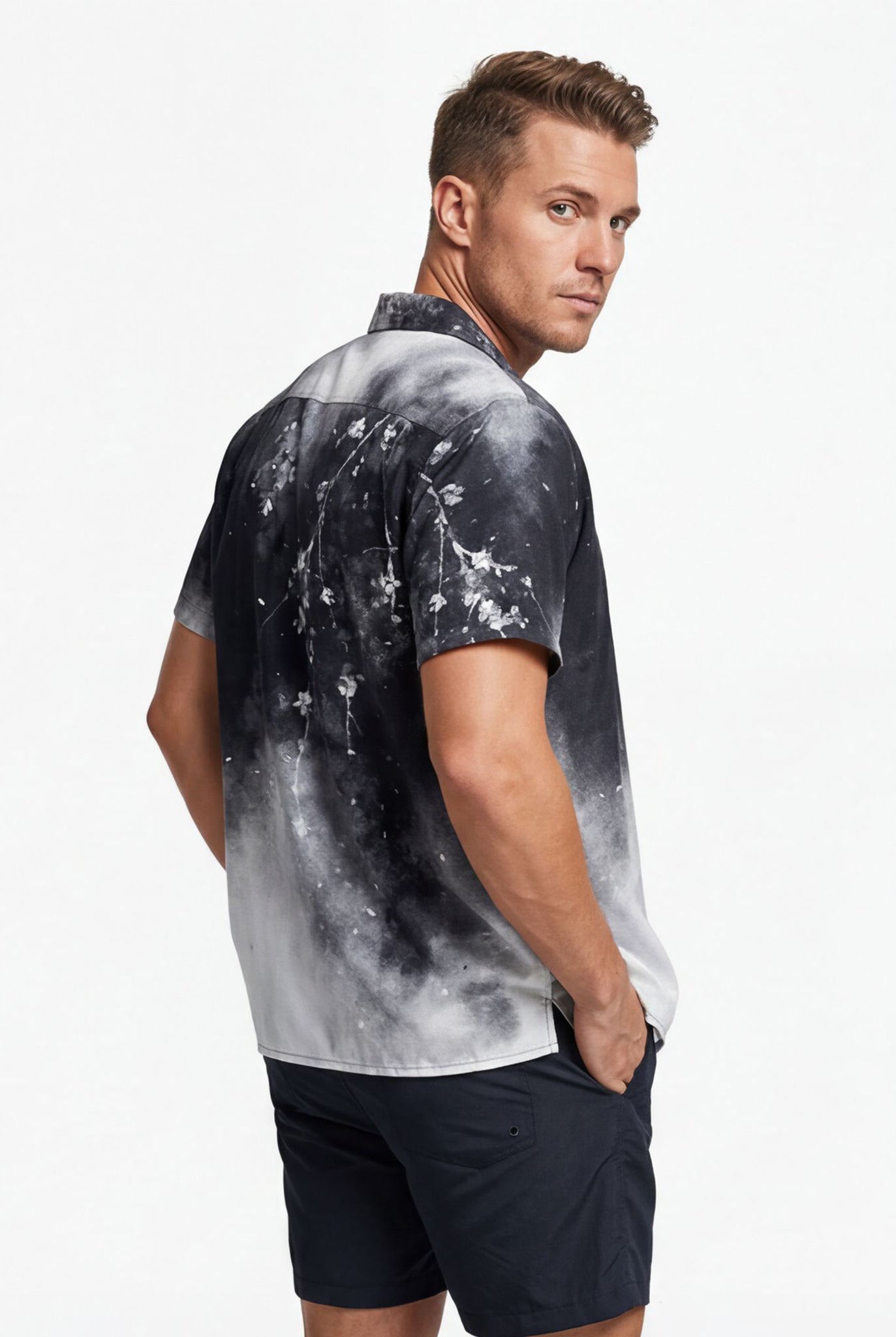 Hawaiian Aloha Shirt Men's Flowers Black White Degrade Modern Short Sleeve