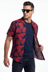 Hawaiian Aloha Shirt Red Black Roses Tropical Short Sleeve