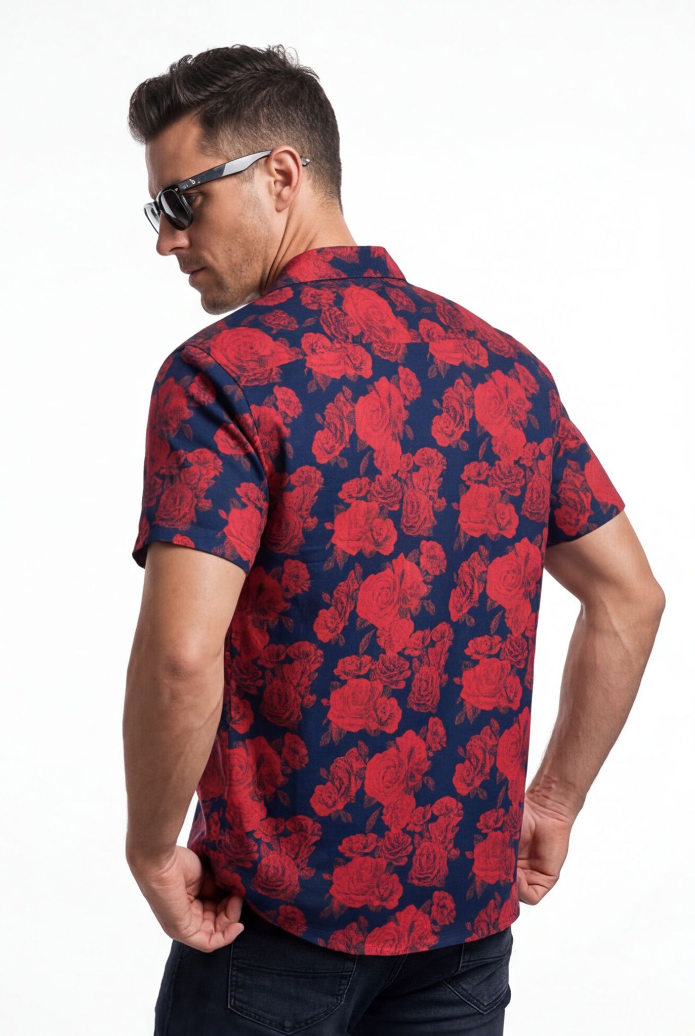 Hawaiian Aloha Shirt Red Black Roses Tropical Short Sleeve
