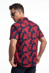 Hawaiian Aloha Shirt Red Black Roses Tropical Short Sleeve