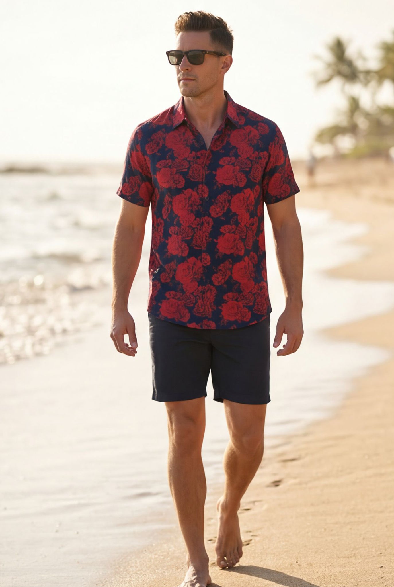 Hawaiian Aloha Shirt Red Black Roses Tropical Short Sleeve