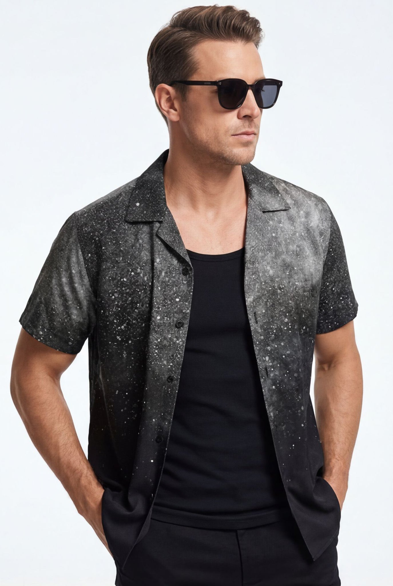 Hawaiian Aloha Shirt Men's Black White Degrade Classical Short Sleeve