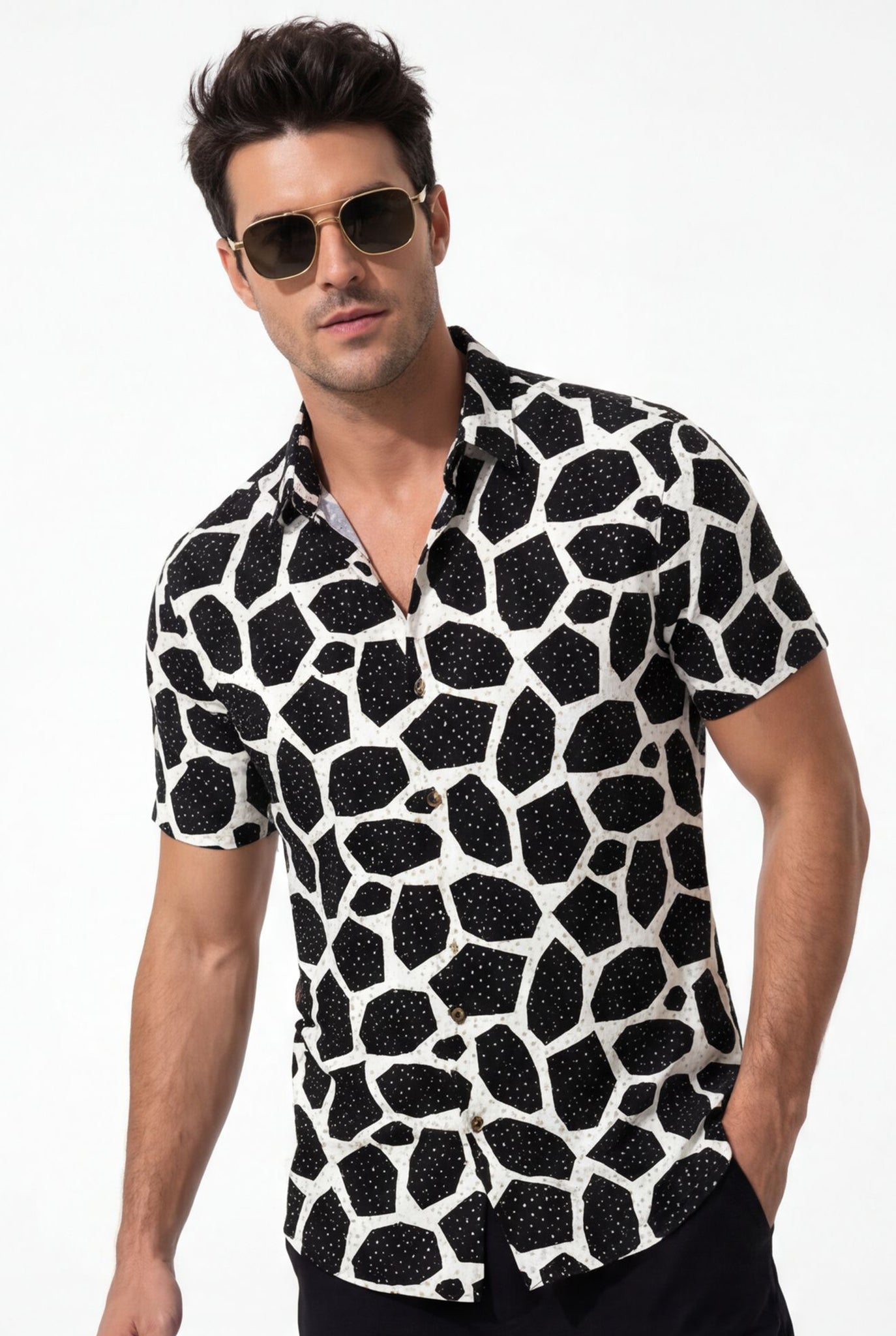 Hawaiian Aloha Shirt Men's Geometric Black White Modern Short Sleeve