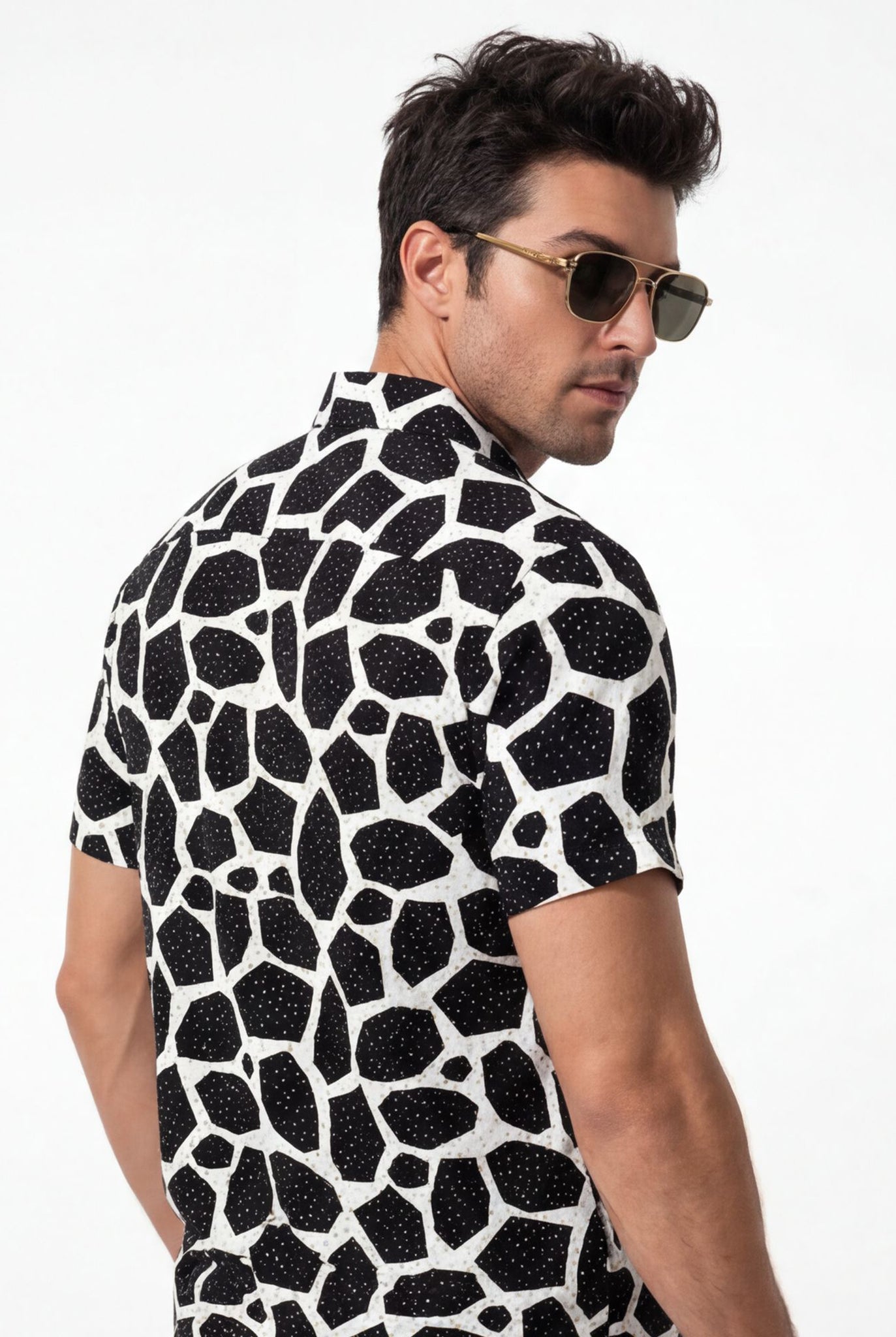 Hawaiian Aloha Shirt Men's Geometric Black White Modern Short Sleeve