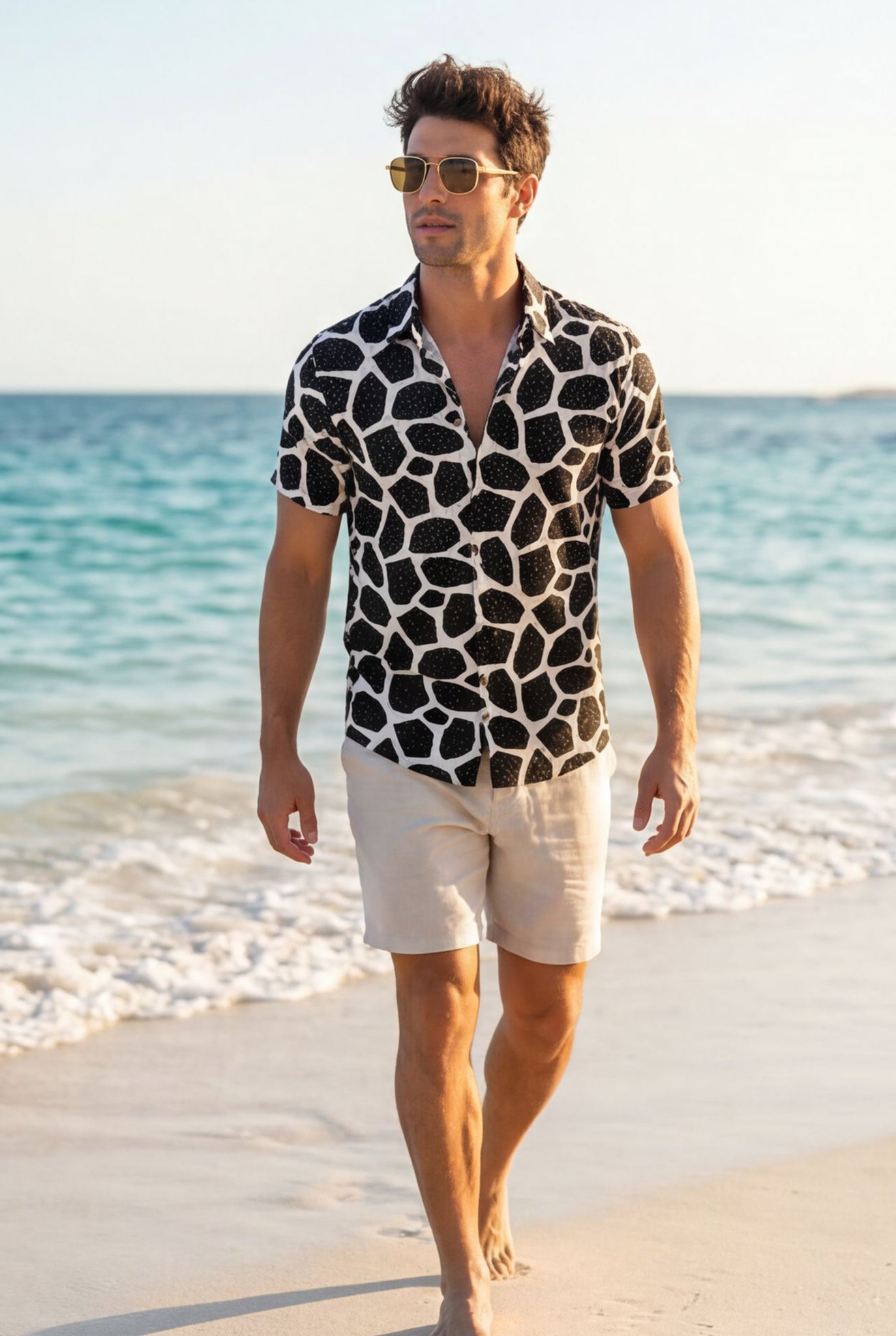 Hawaiian Aloha Shirt Men's Geometric Black White Modern Short Sleeve