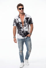 Hawaiian Aloha Shirt Men's Modern Print Black White Smoke Short Sleeve
