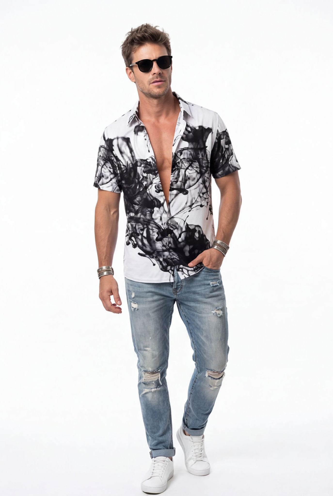 Hawaiian Aloha Shirt Men's Modern Print Black White Smoke Short Sleeve