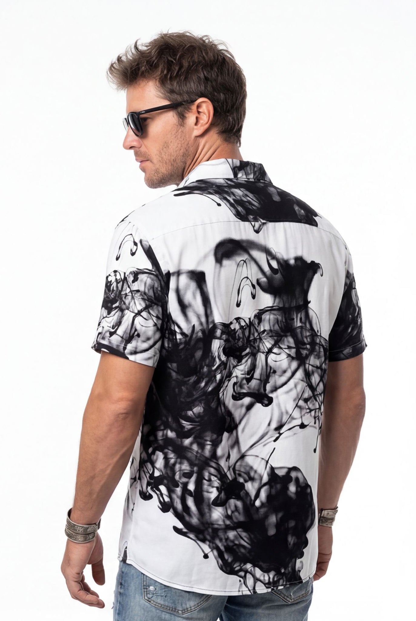 Hawaiian Aloha Shirt Men's Modern Print Black White Smoke Short Sleeve