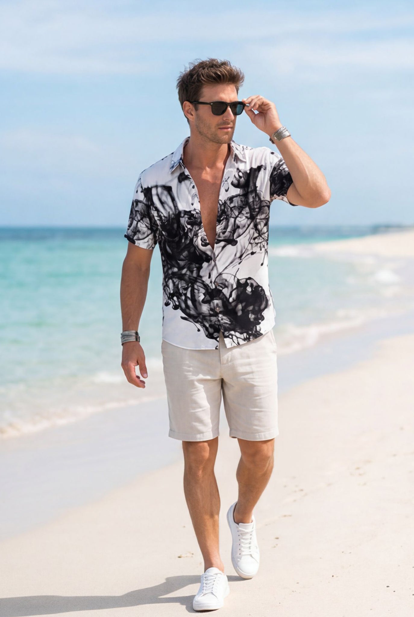 Hawaiian Aloha Shirt Men's Modern Print Black White Smoke Short Sleeve