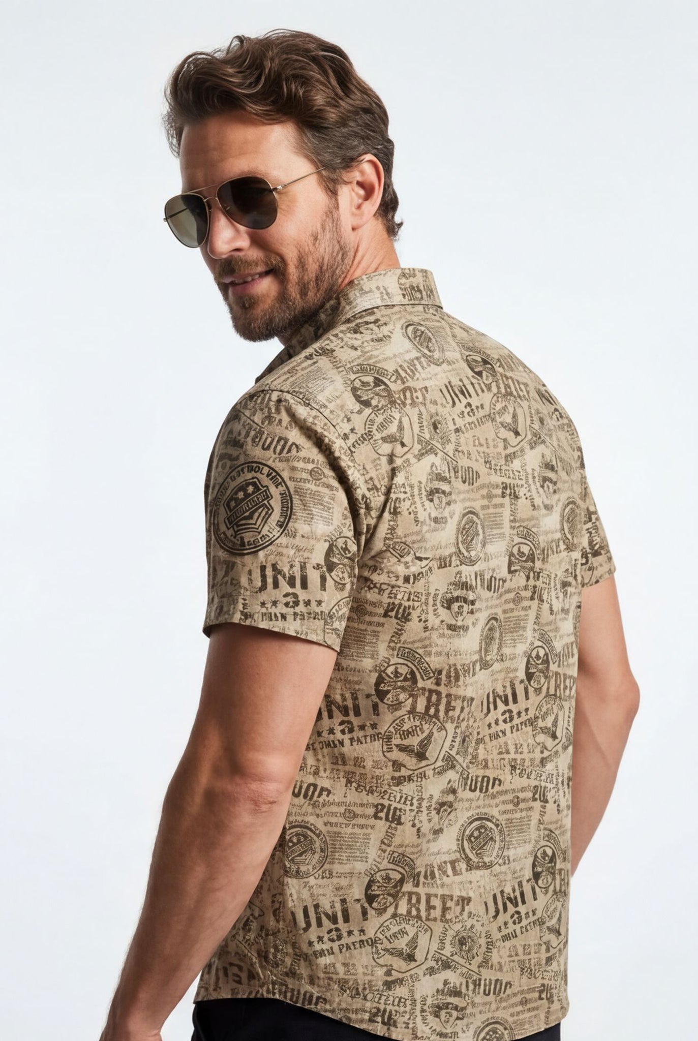 Hawaiian Aloha Shirt Men's Camo Brown Army Print Short Sleeve