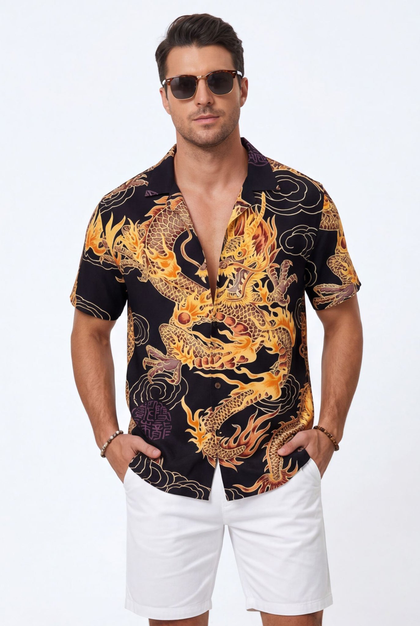 Hawaiian Aloha Shirt Men's Chine Dragon Print Short Sleeve