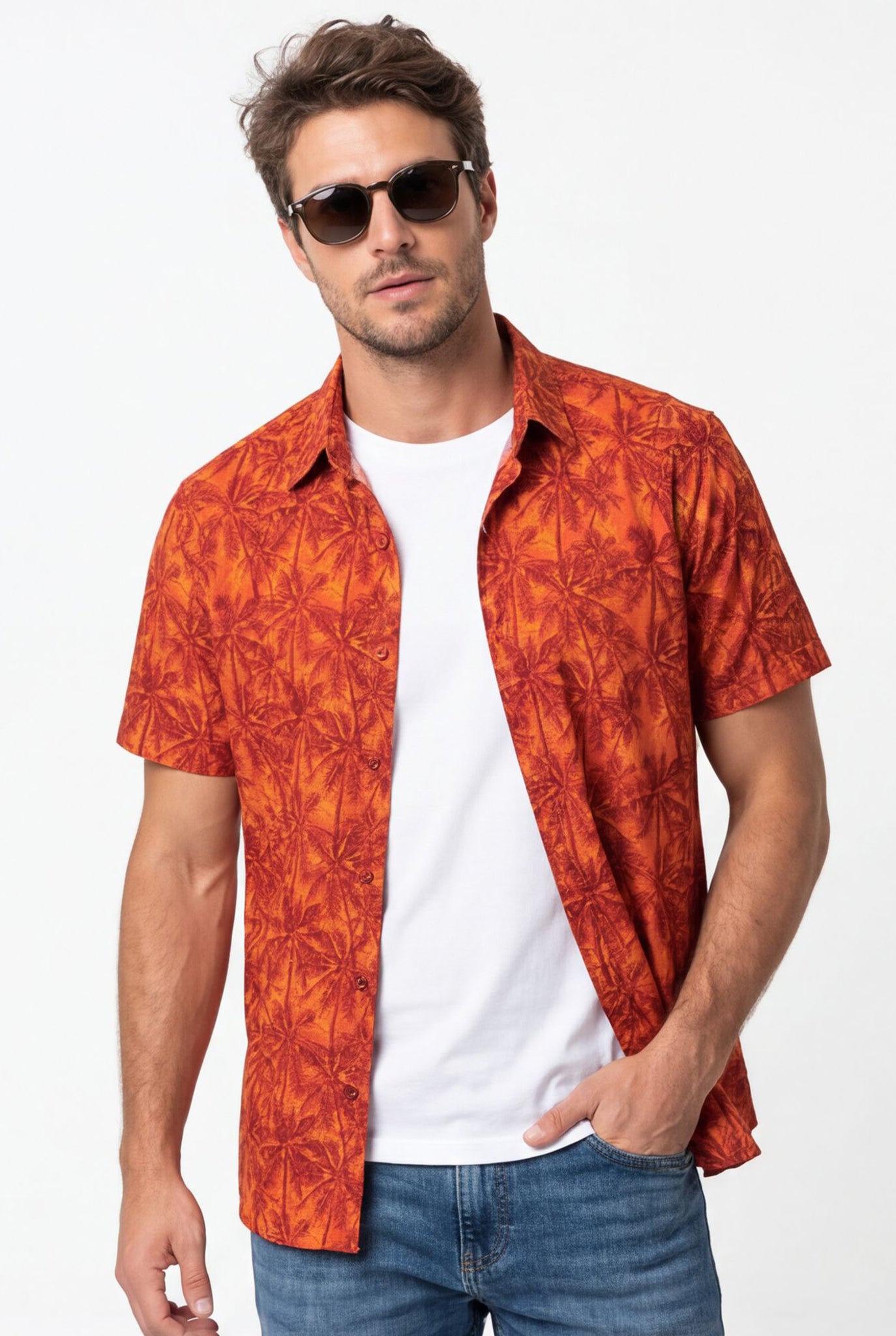 Hawaiian Aloha Shirt Men's Orange Tropical Classical Art Print Short Sleeve