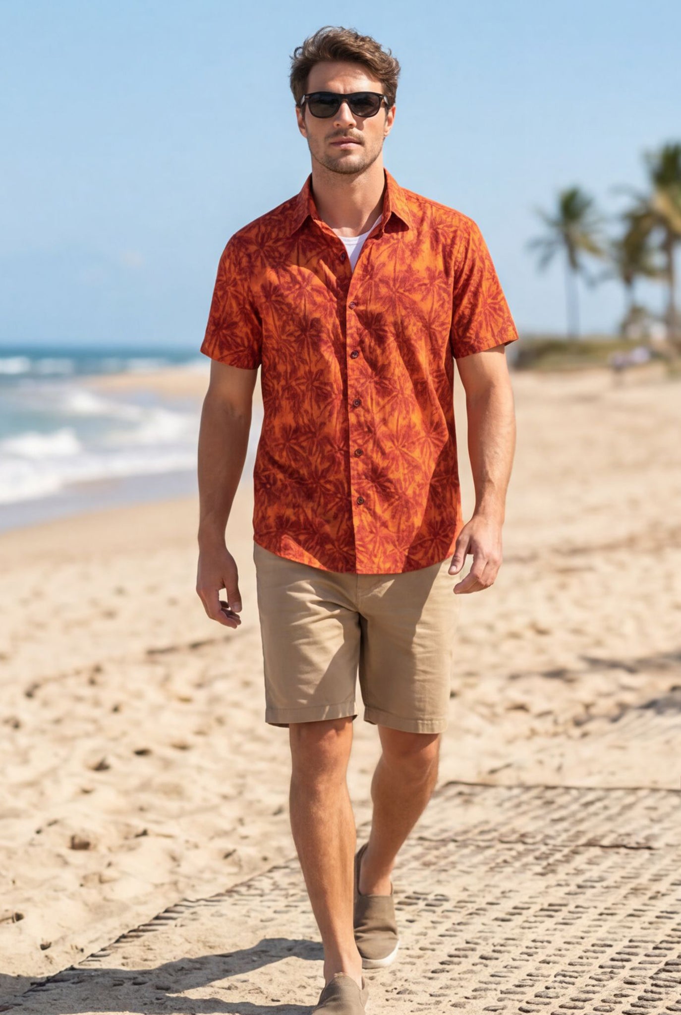 Hawaiian Aloha Shirt Men's Orange Tropical Classical Art Print Short Sleeve