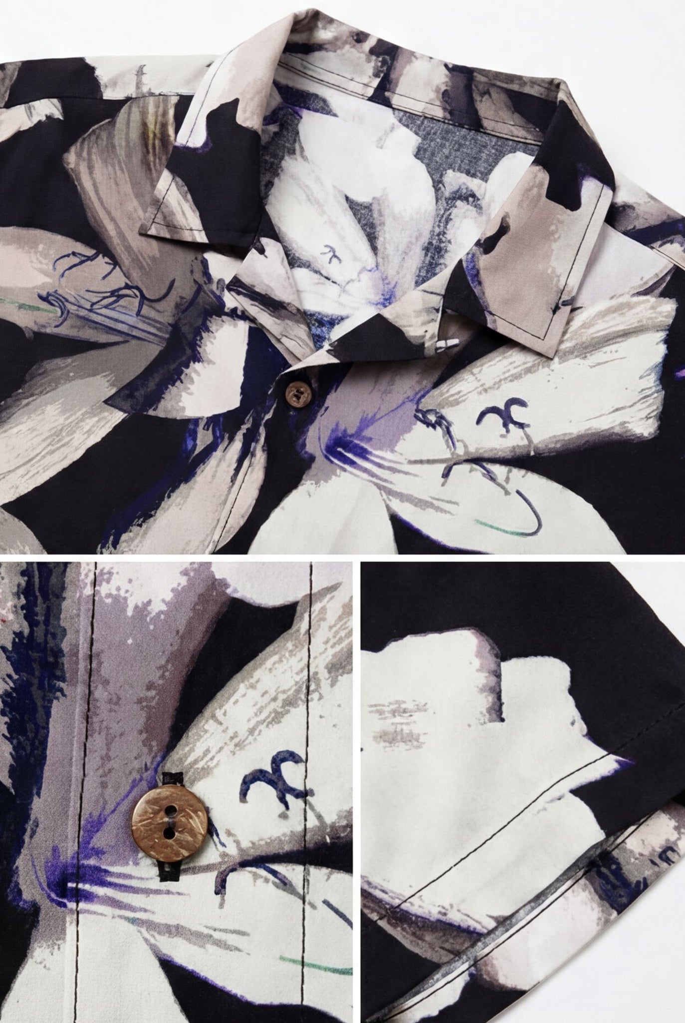 Hawaiian Aloha Shirt Men's Tropical Classic White Black Flowers Short Sleeve