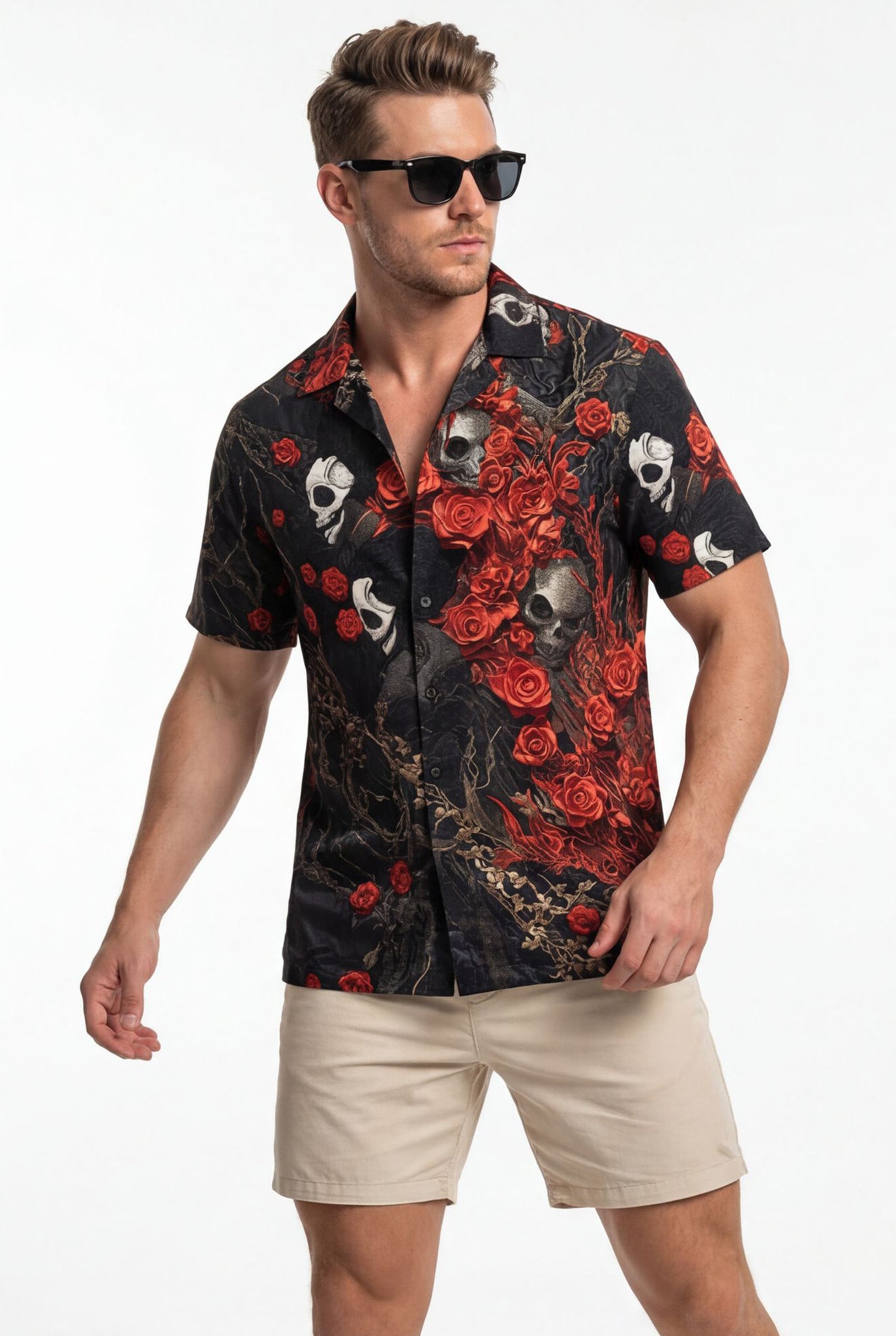 Hawaiian Aloha Shirt Men's Floral Skuls Roses Modern Short Sleeve