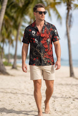Hawaiian Aloha Shirt Men's Floral Skuls Roses Modern Short Sleeve