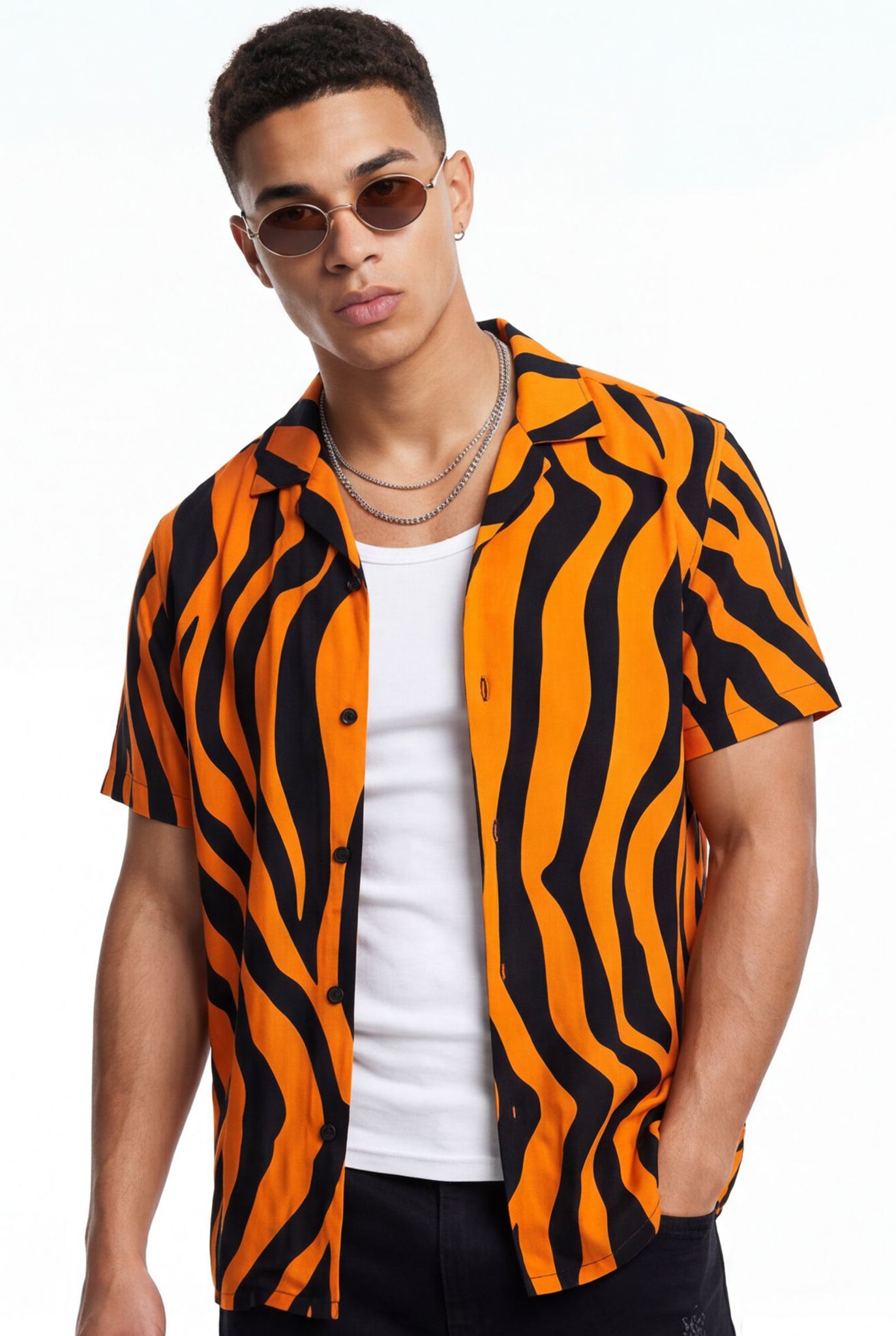 Hawaiian Aloha Shirt Men's Orange Black Tiger Print Short Sleeve