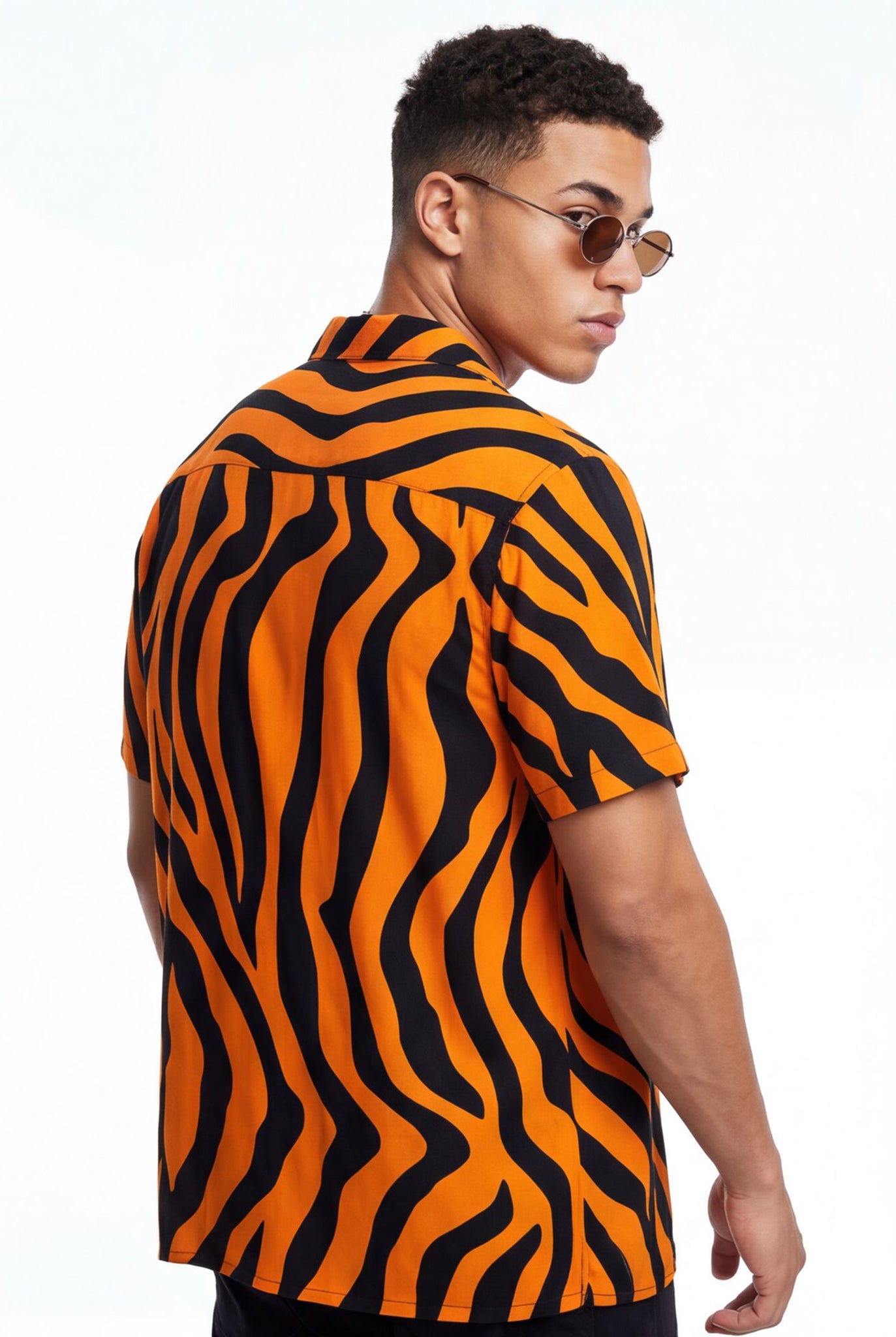 Hawaiian Aloha Shirt Men's Orange Black Tiger Print Short Sleeve