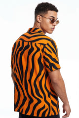 Hawaiian Aloha Shirt Men's Orange Black Tiger Print Short Sleeve