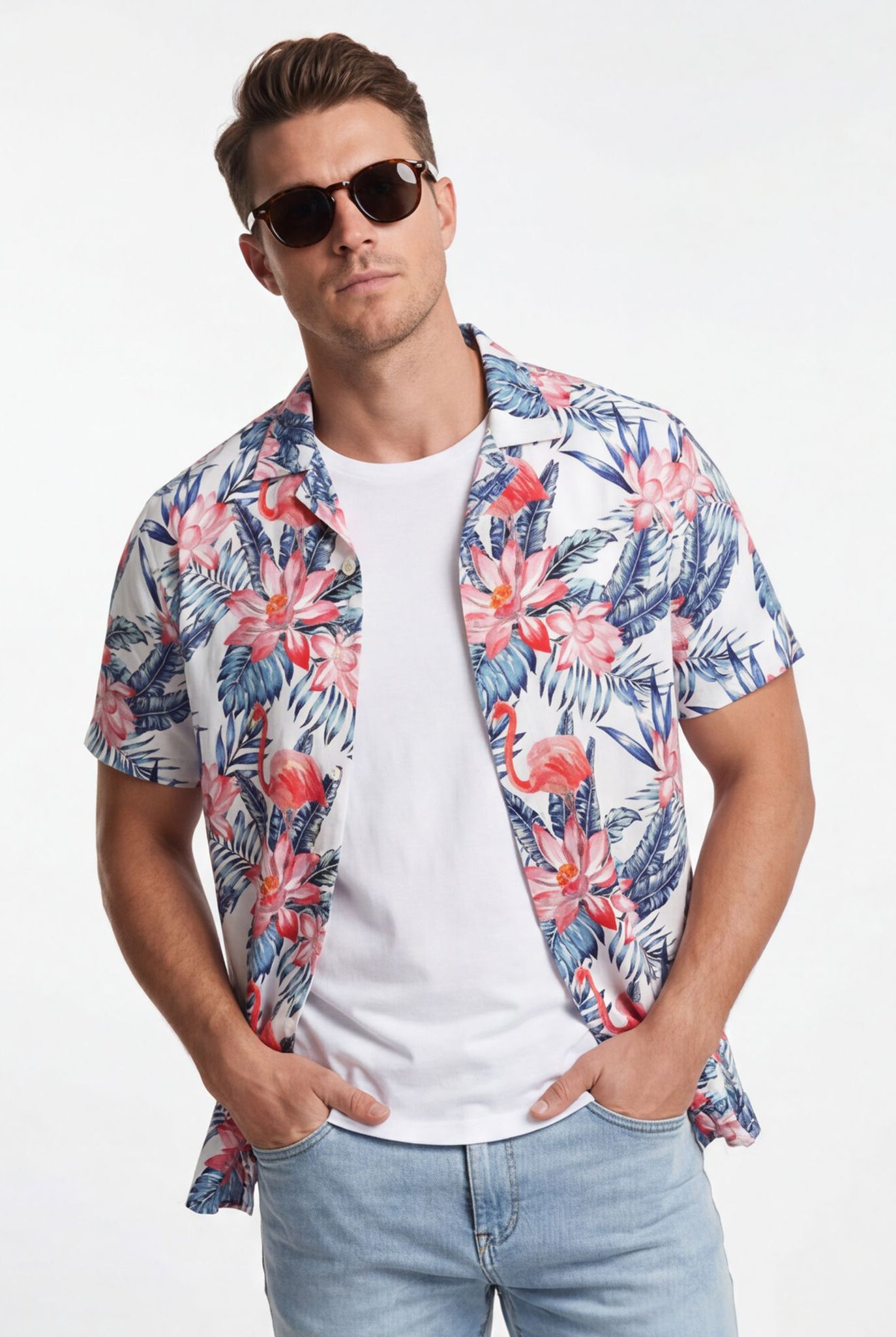 Hawaiian Aloha Shirt Men's Tropical Classic Print Flamingo Flowers Short Sleeve