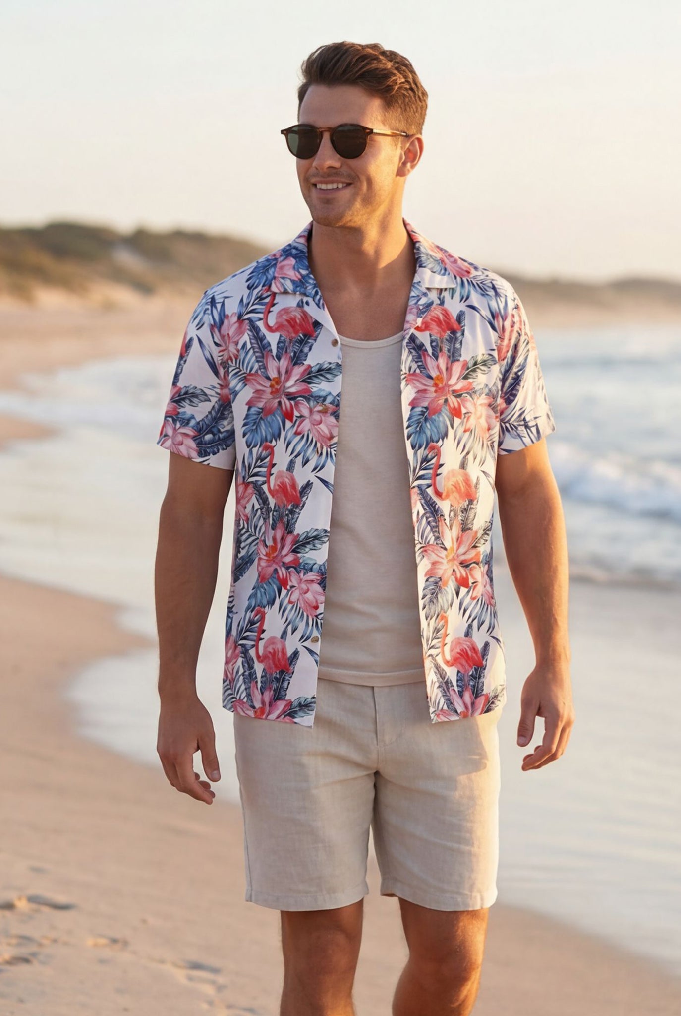 Hawaiian Aloha Shirt Men's Tropical Classic Print Flamingo Flowers Short Sleeve