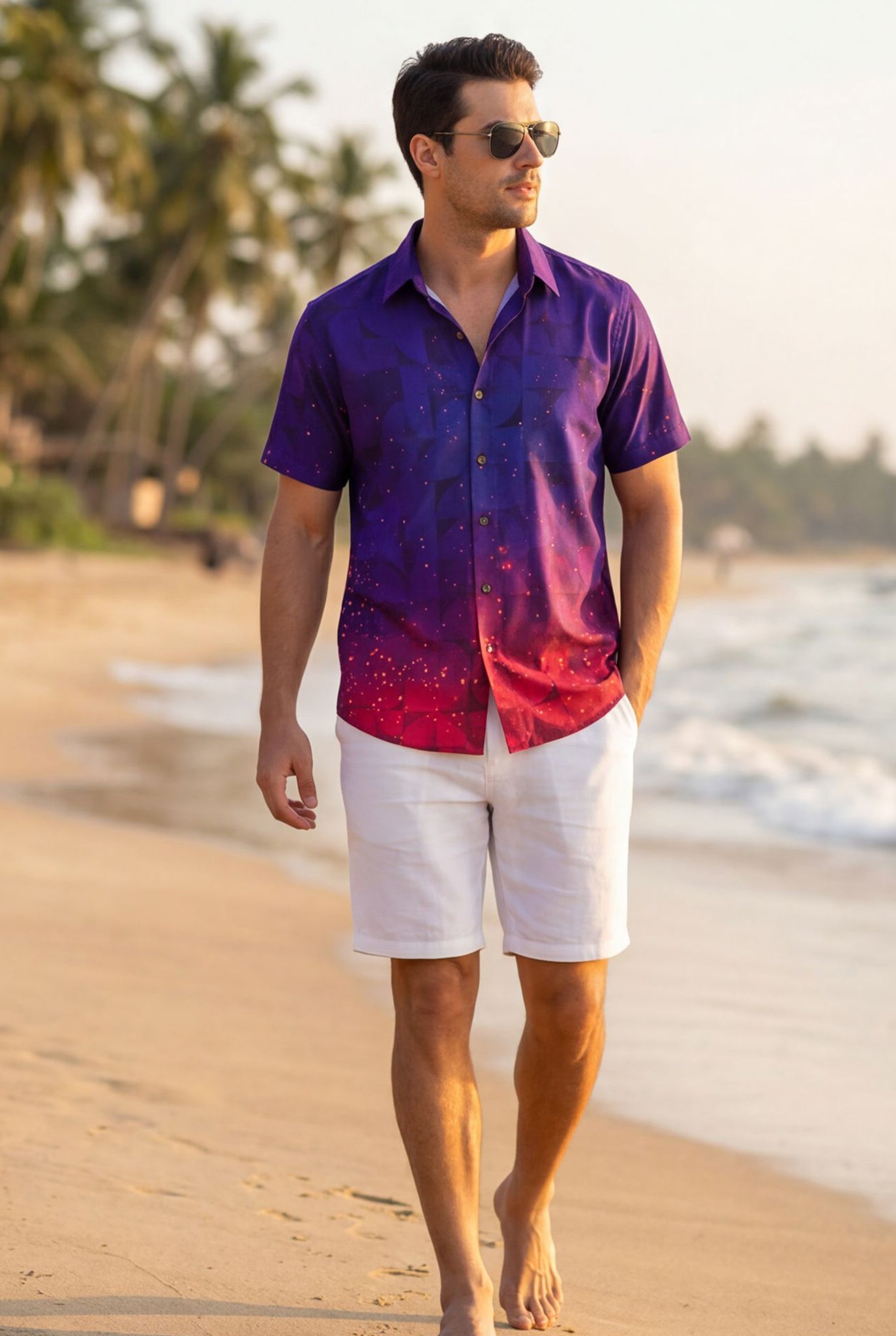 Hawaiian Aloha Shirt Men's Purple Pink Degrade Modern Short Sleeve