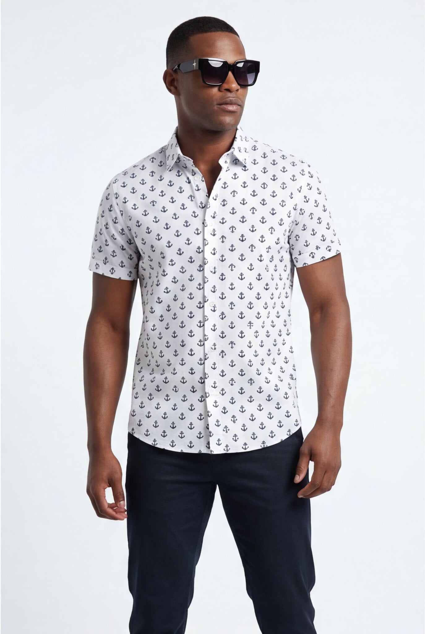 Hawaiian Aloha Shirt Men's Tropical Classic Sailor Anchor Short Sleeve