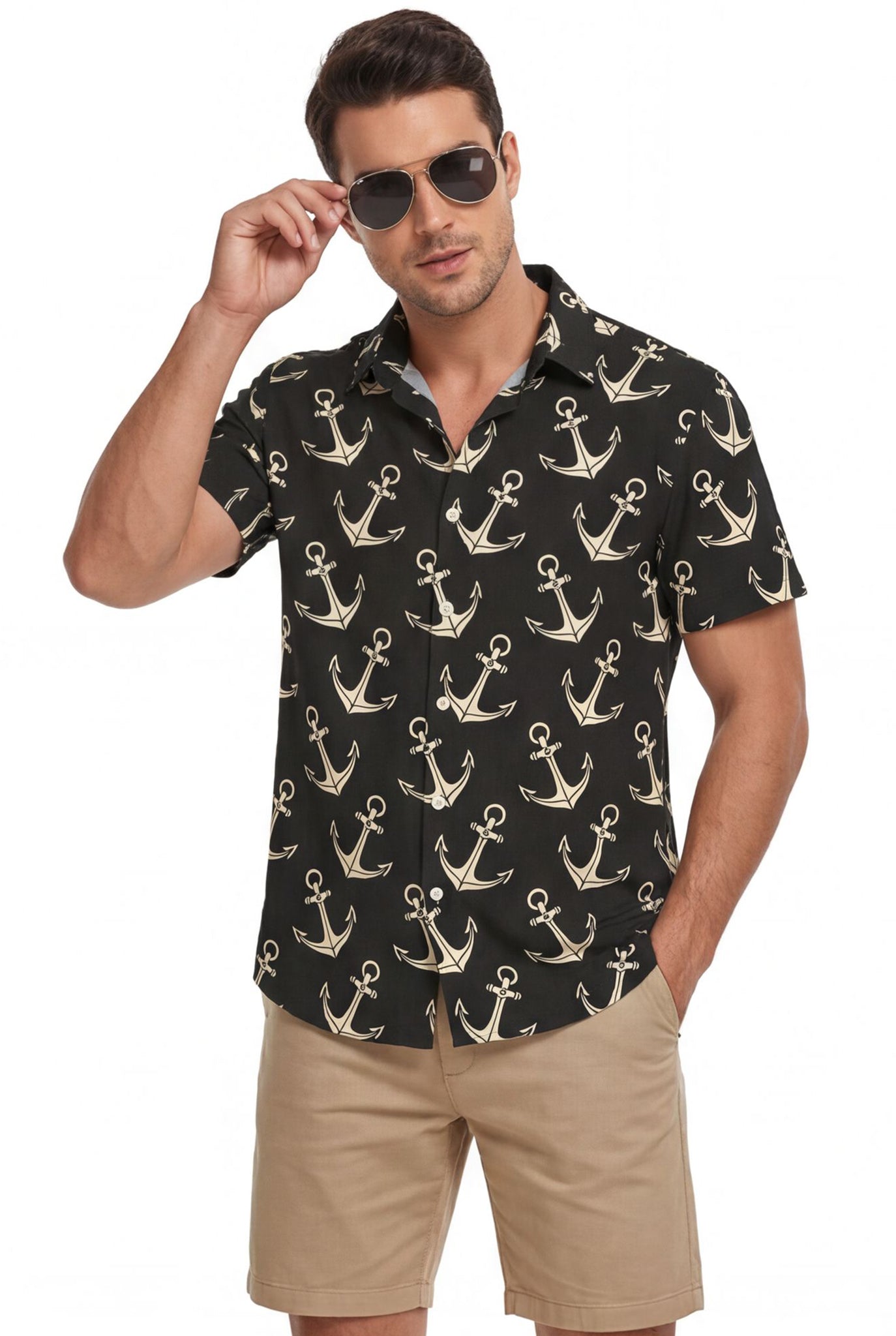 Hawaiian Aloha Shirt Men's Sea Anchor Sailor Classical Print Short Sleeve
