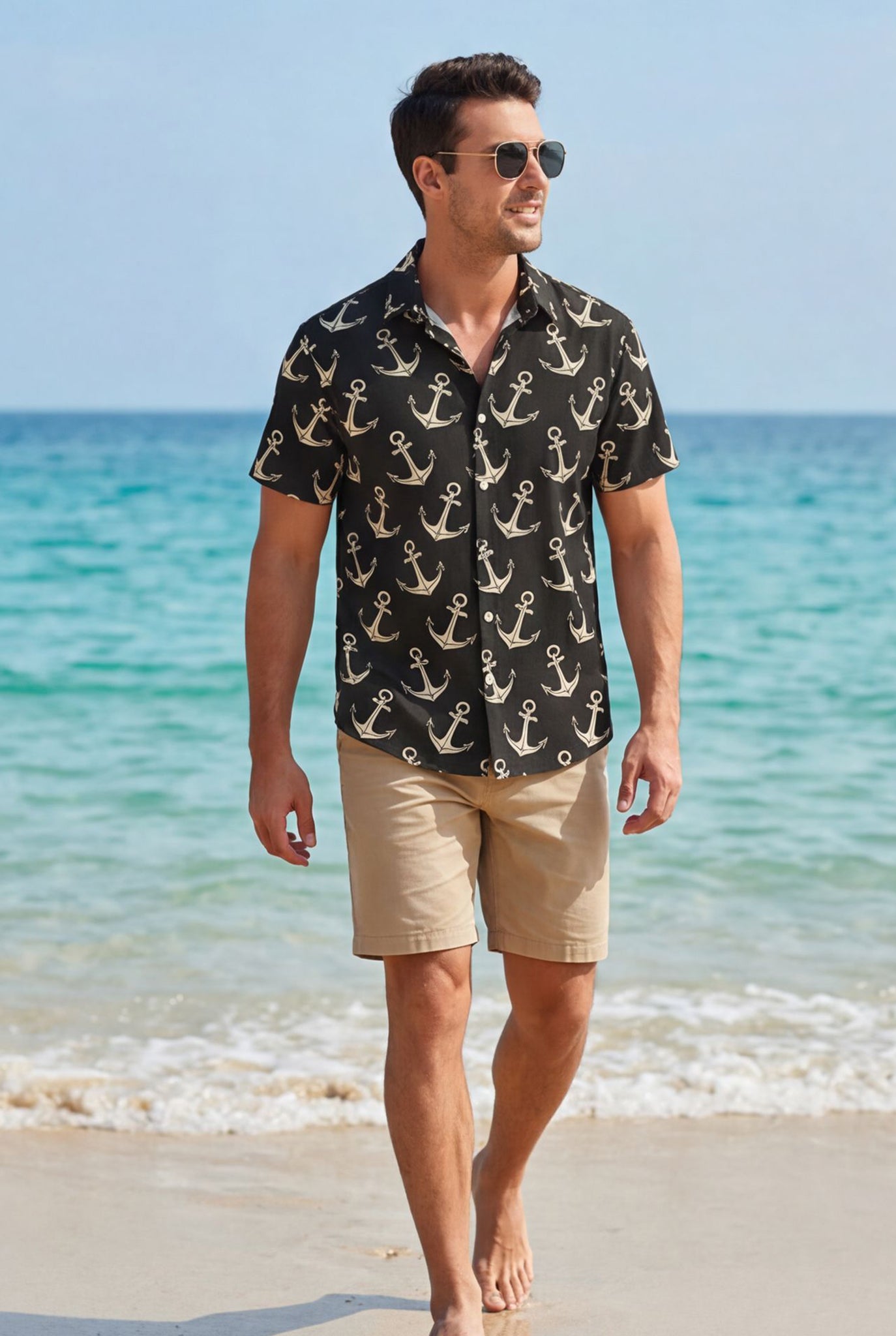 Hawaiian Aloha Shirt Men's Sea Anchor Sailor Classical Print Short Sleeve