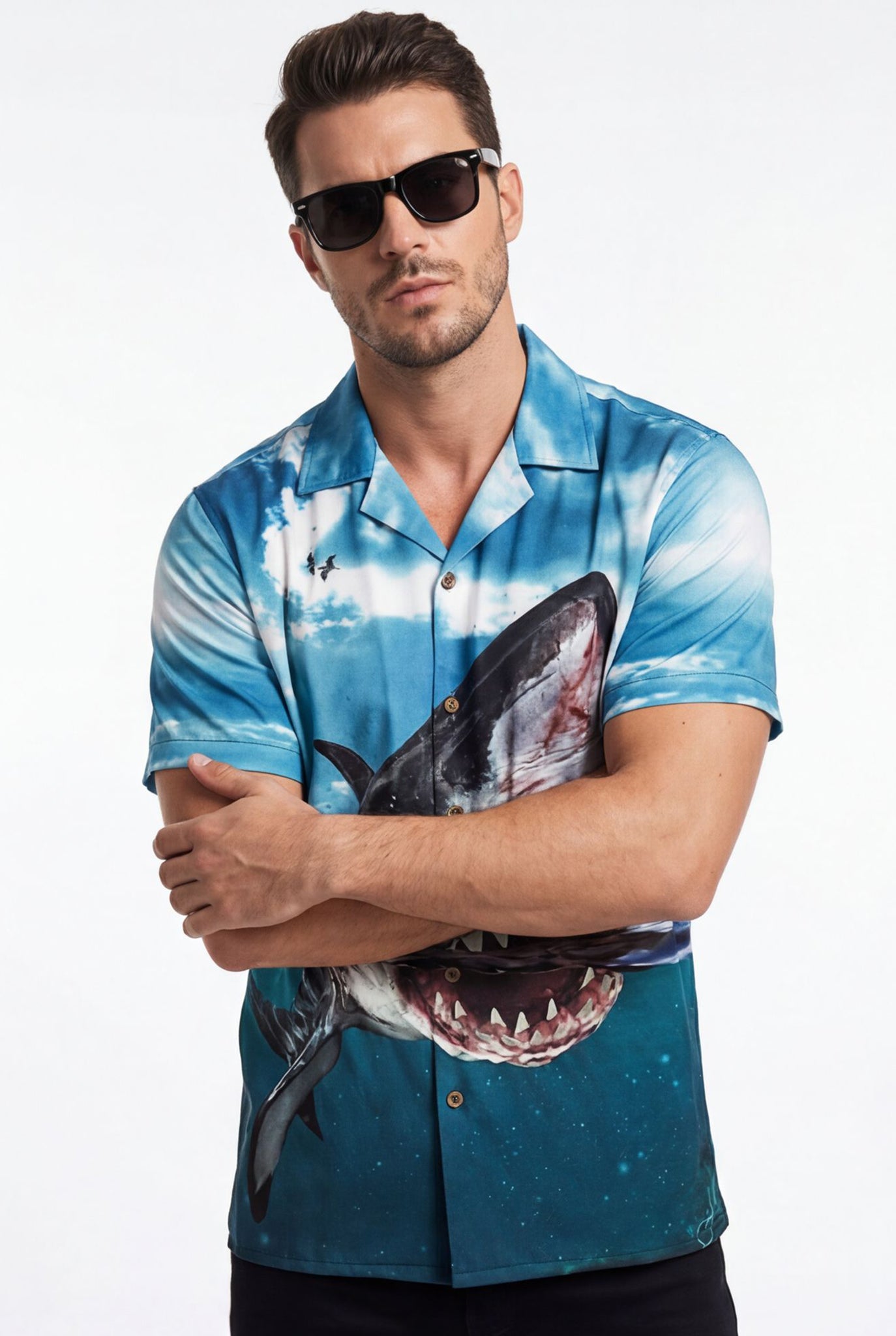 Hawaiian Aloha Shirt Men's 3D Shark Attack Modern Short Sleeve