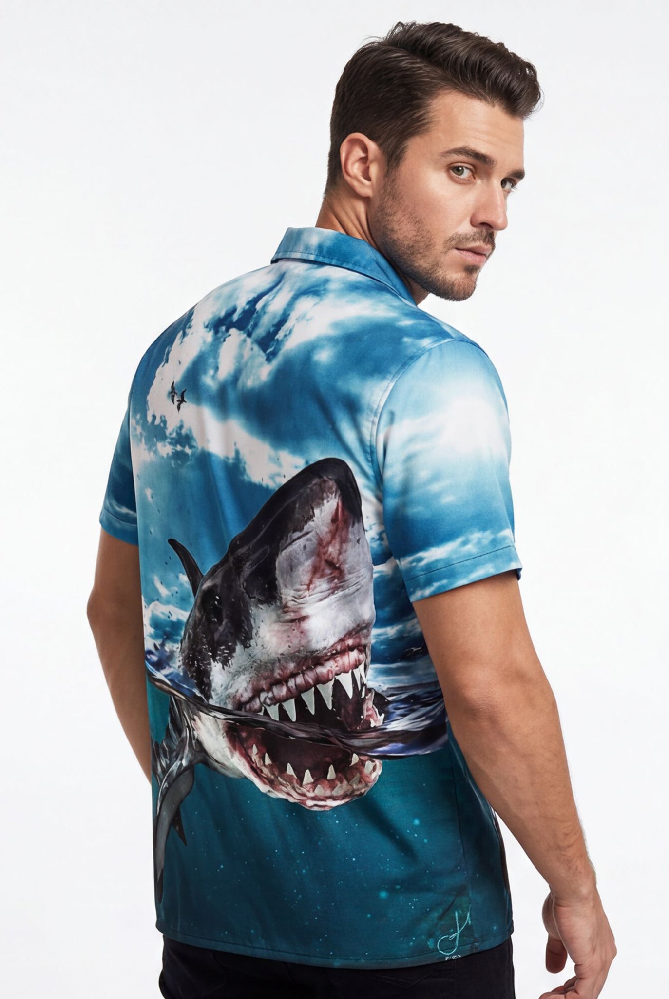 Hawaiian Aloha Shirt Men's 3D Shark Attack Modern Short Sleeve