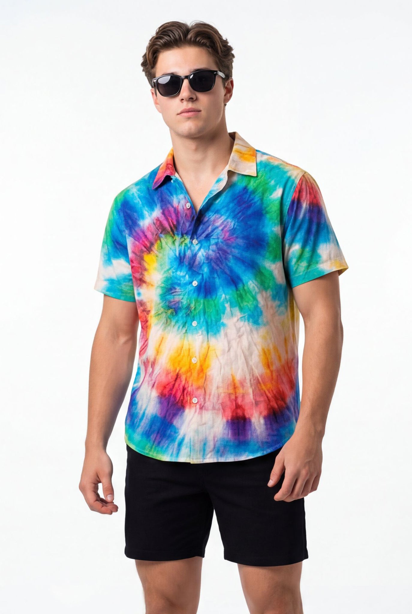 Hawaiian Aloha Shirt Men's Tie Dye Colorful Print Short Sleeve