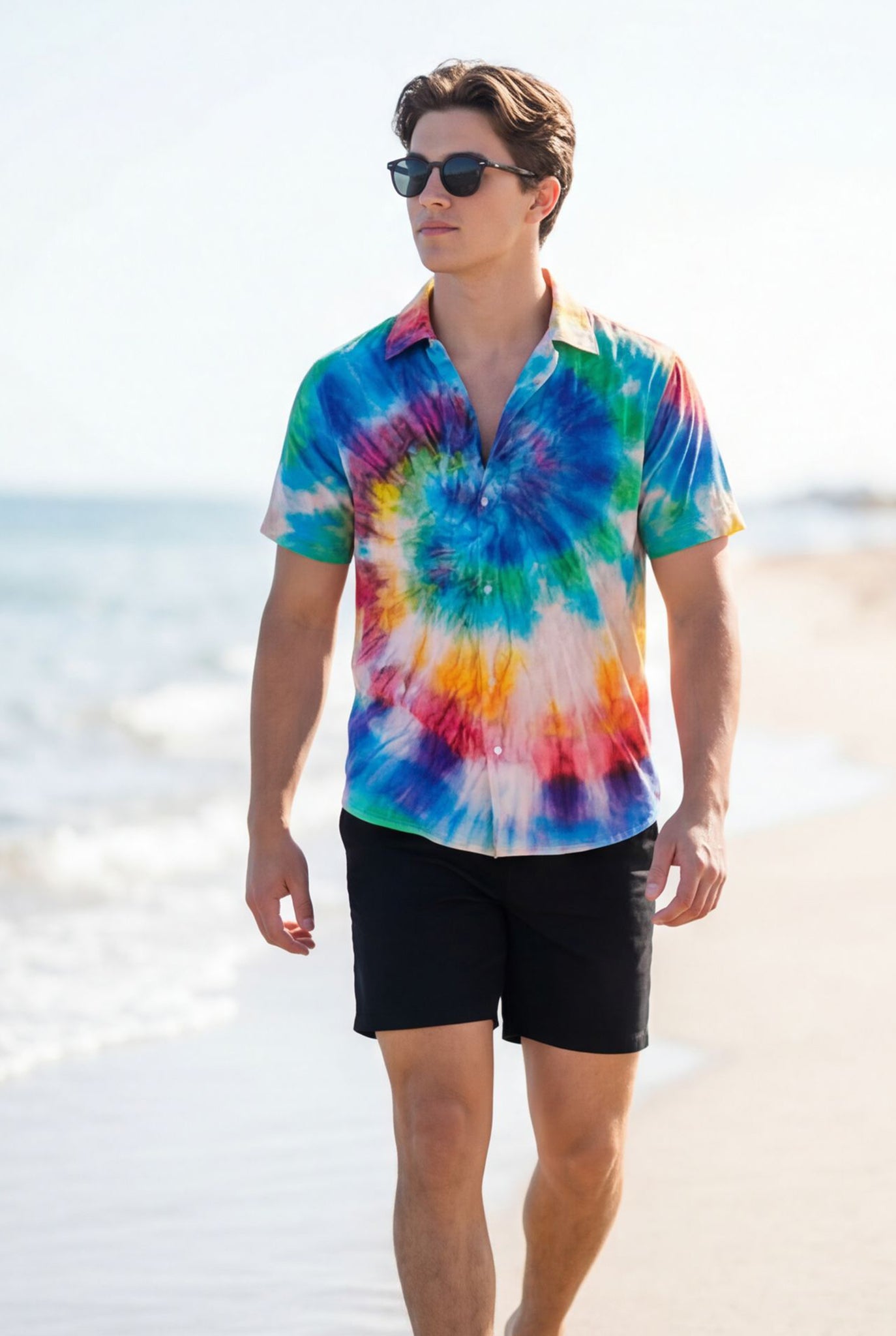 Hawaiian Aloha Shirt Men's Tie Dye Colorful Print Short Sleeve