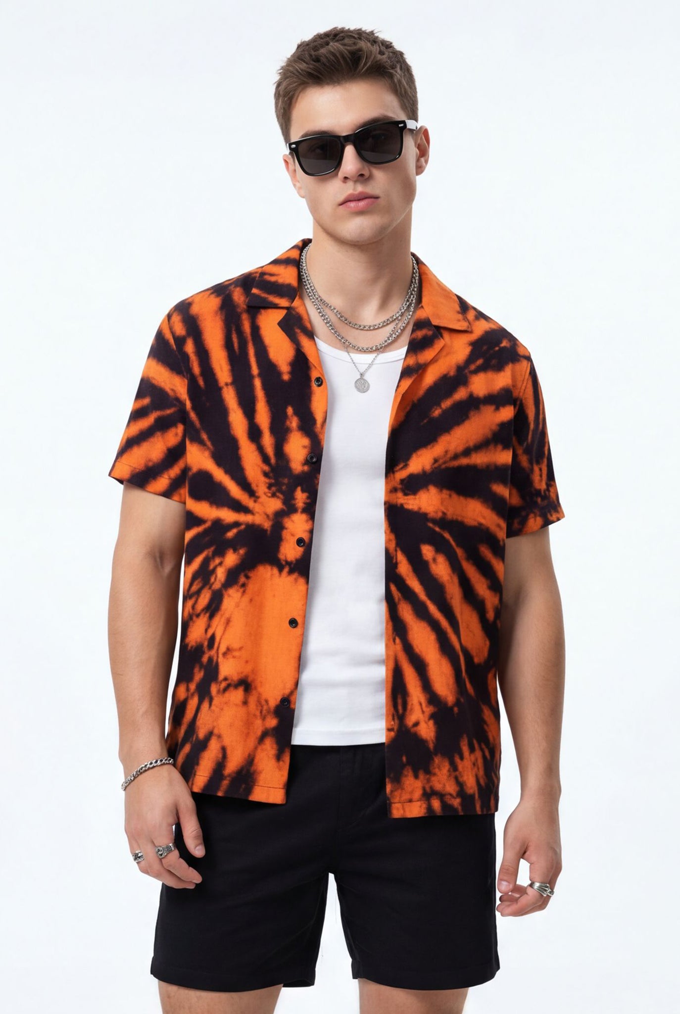 Hawaiian Aloha Shirt Men's Tie Dye Orange Black Print Short Sleeve