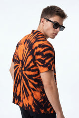 Hawaiian Aloha Shirt Men's Tie Dye Orange Black Print Short Sleeve