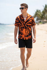 Hawaiian Aloha Shirt Men's Tie Dye Orange Black Print Short Sleeve