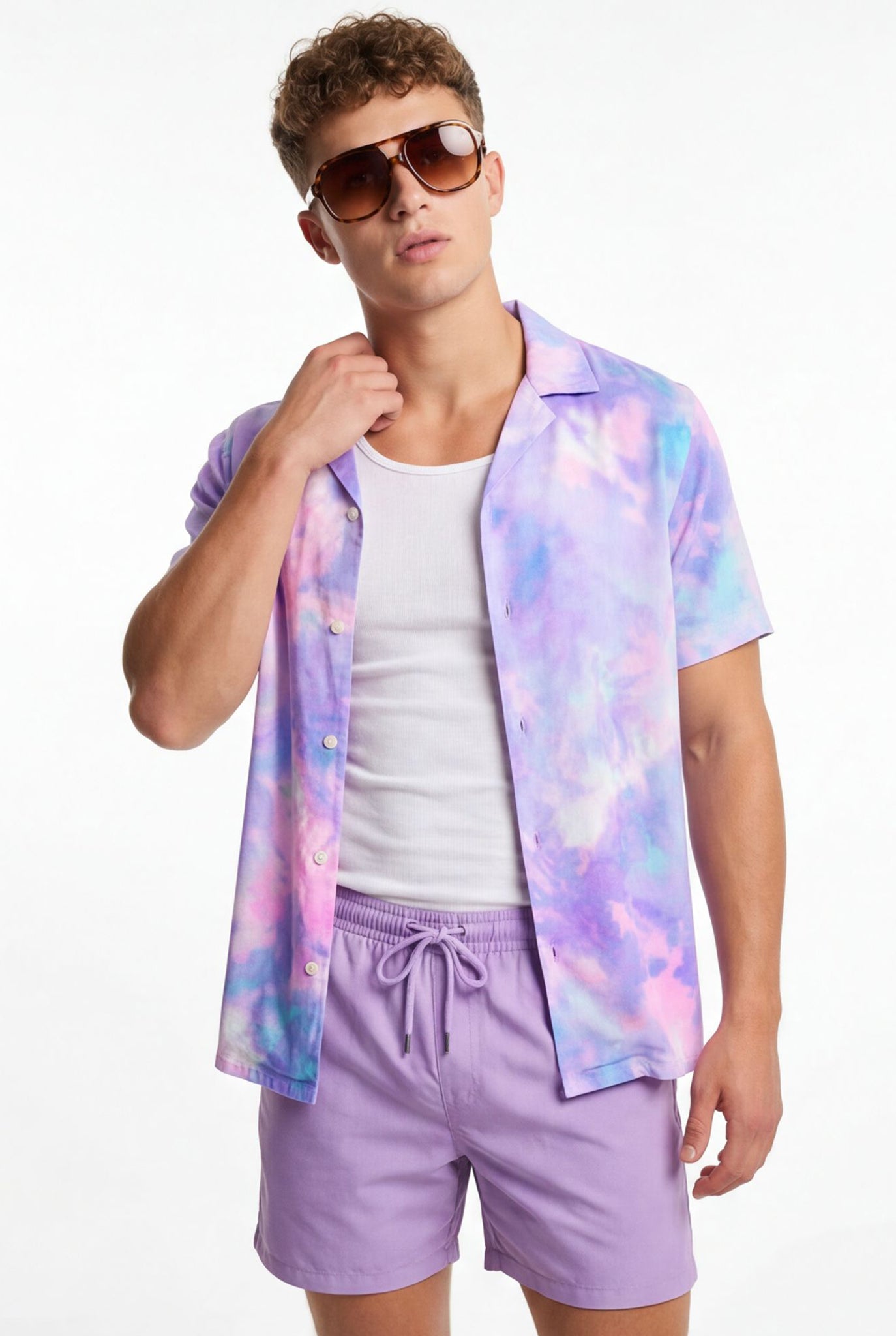 Hawaiian Aloha Shirt Men's Tie Dye Colorful Purple Print Short Sleeve