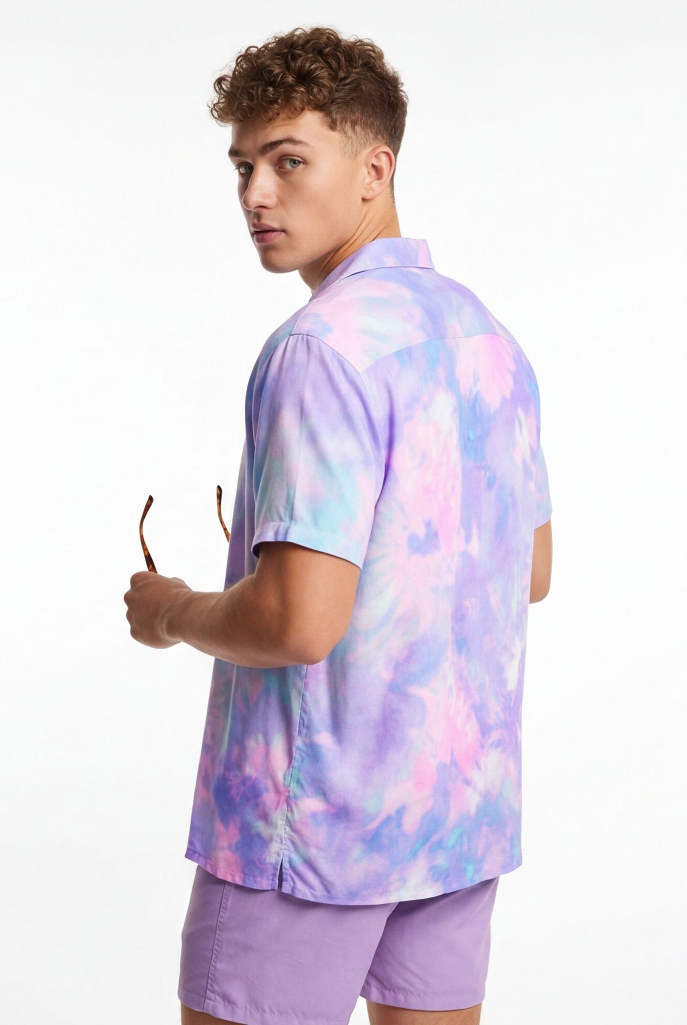 Hawaiian Aloha Shirt Men's Tie Dye Colorful Purple Print Short Sleeve