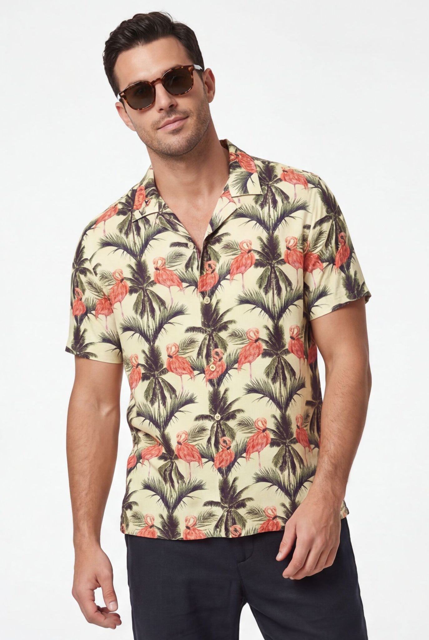 Hawaiian Aloha Shirt Flamingo Classical Tropical Short Sleeve Beige