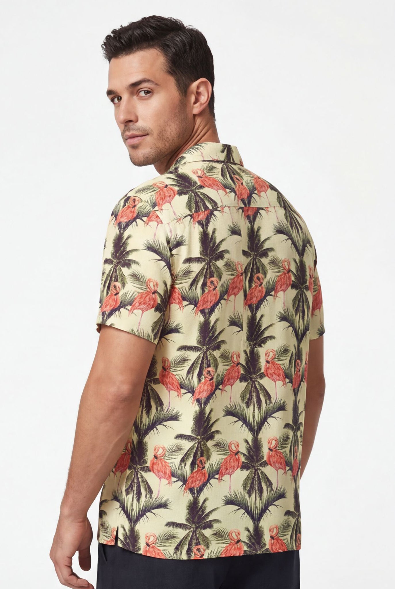 Hawaiian Aloha Shirt Flamingo Classical Tropical Short Sleeve Beige