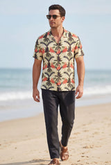 Hawaiian Aloha Shirt Flamingo Classical Tropical Short Sleeve Beige