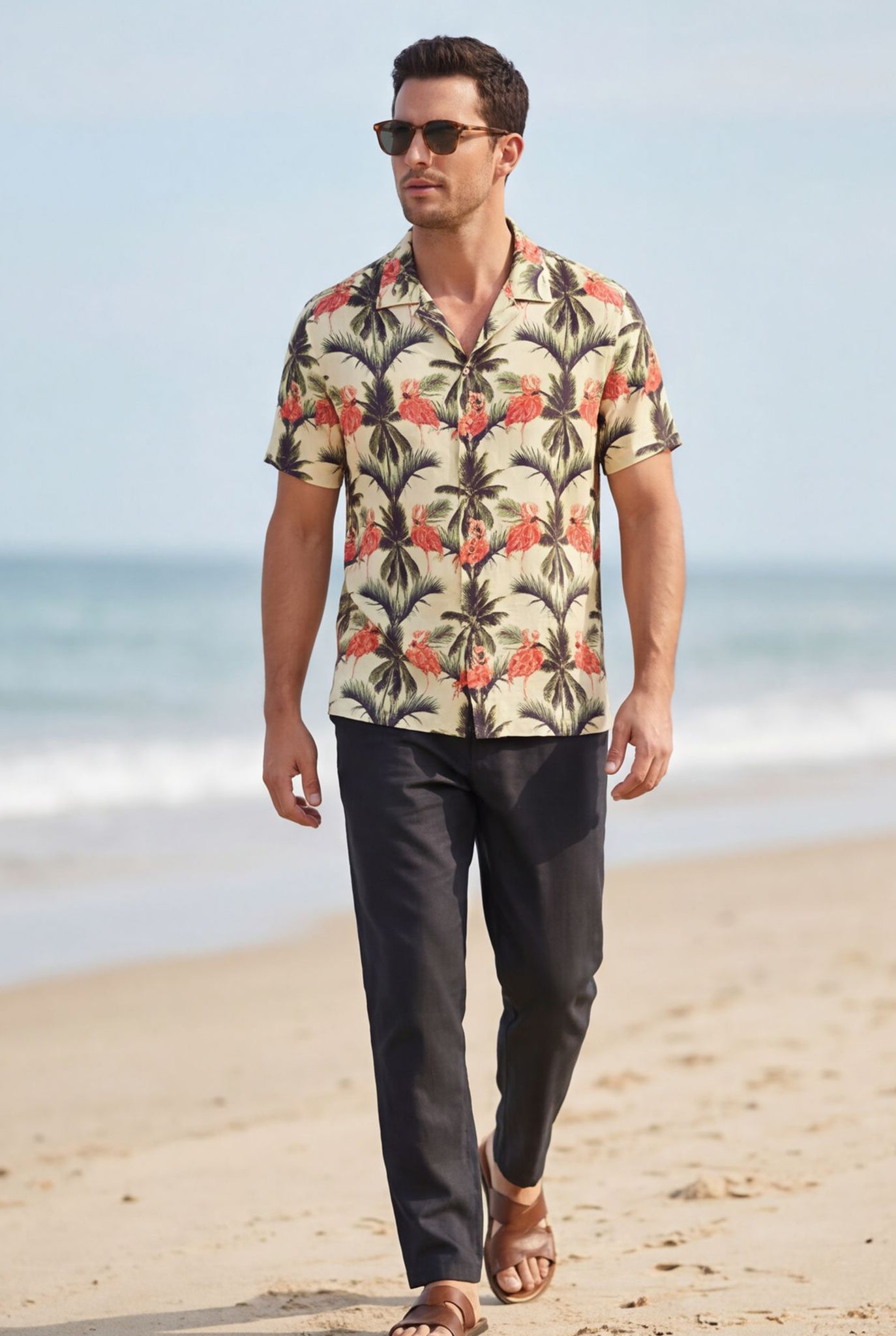 Hawaiian Aloha Shirt Flamingo Classical Tropical Short Sleeve Beige