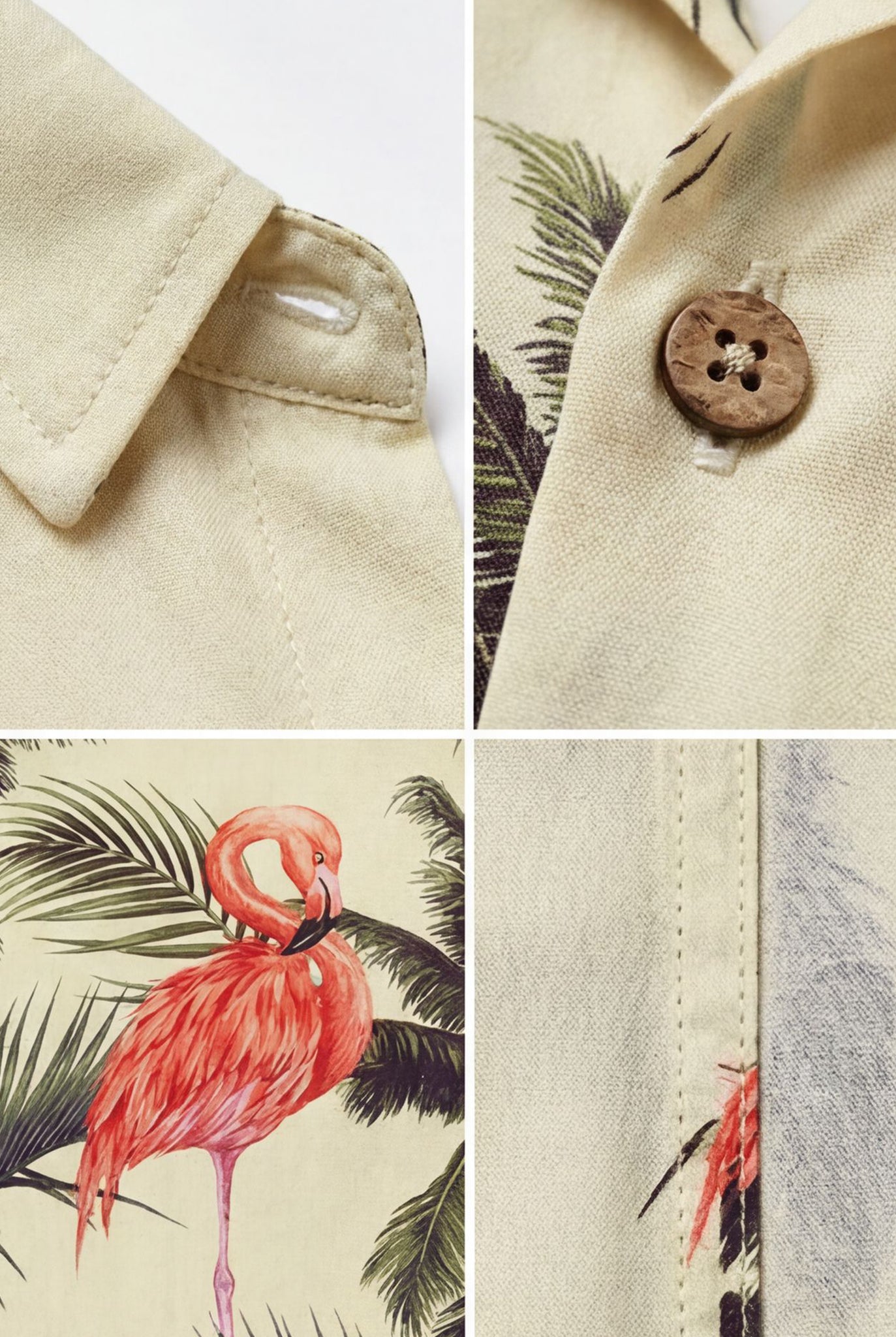 Hawaiian Aloha Shirt Flamingo Classical Tropical Short Sleeve Beige