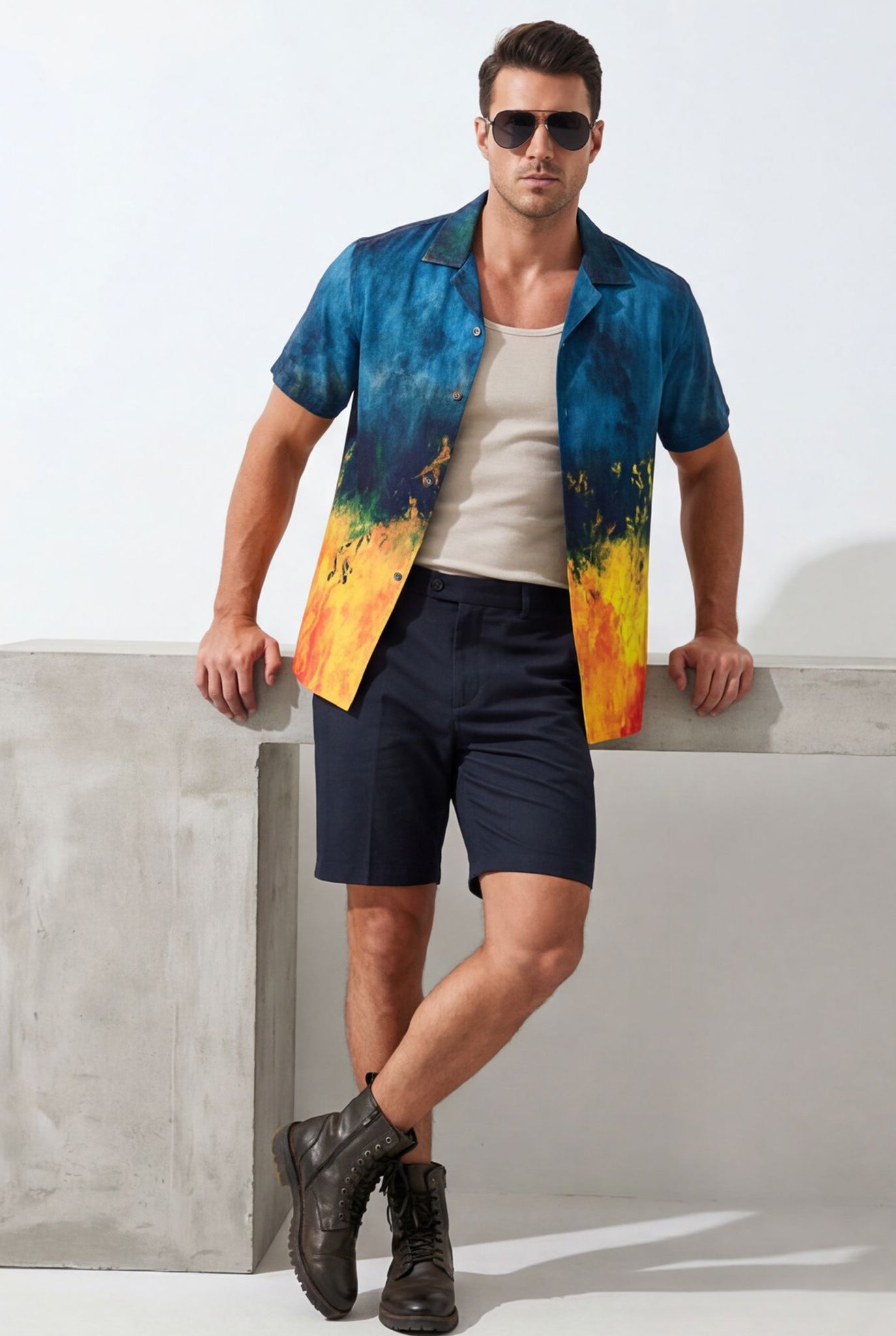 Hawaiian Aloha Shirt Men's Blue Fire Modern Short Sleeve