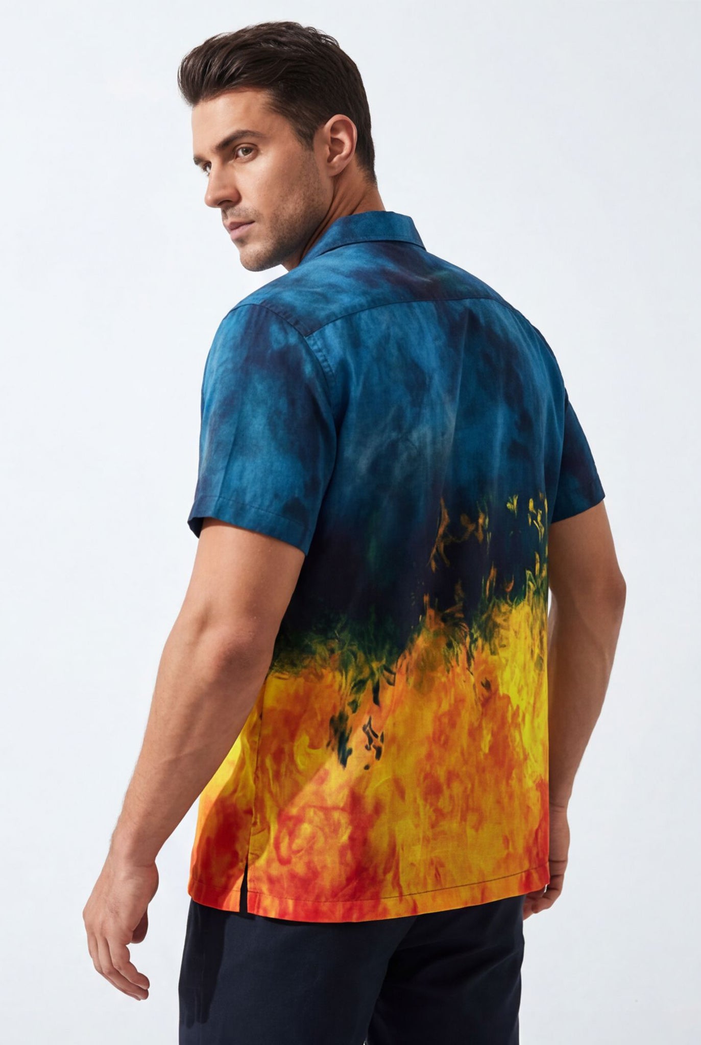 Hawaiian Aloha Shirt Men's Blue Fire Modern Short Sleeve