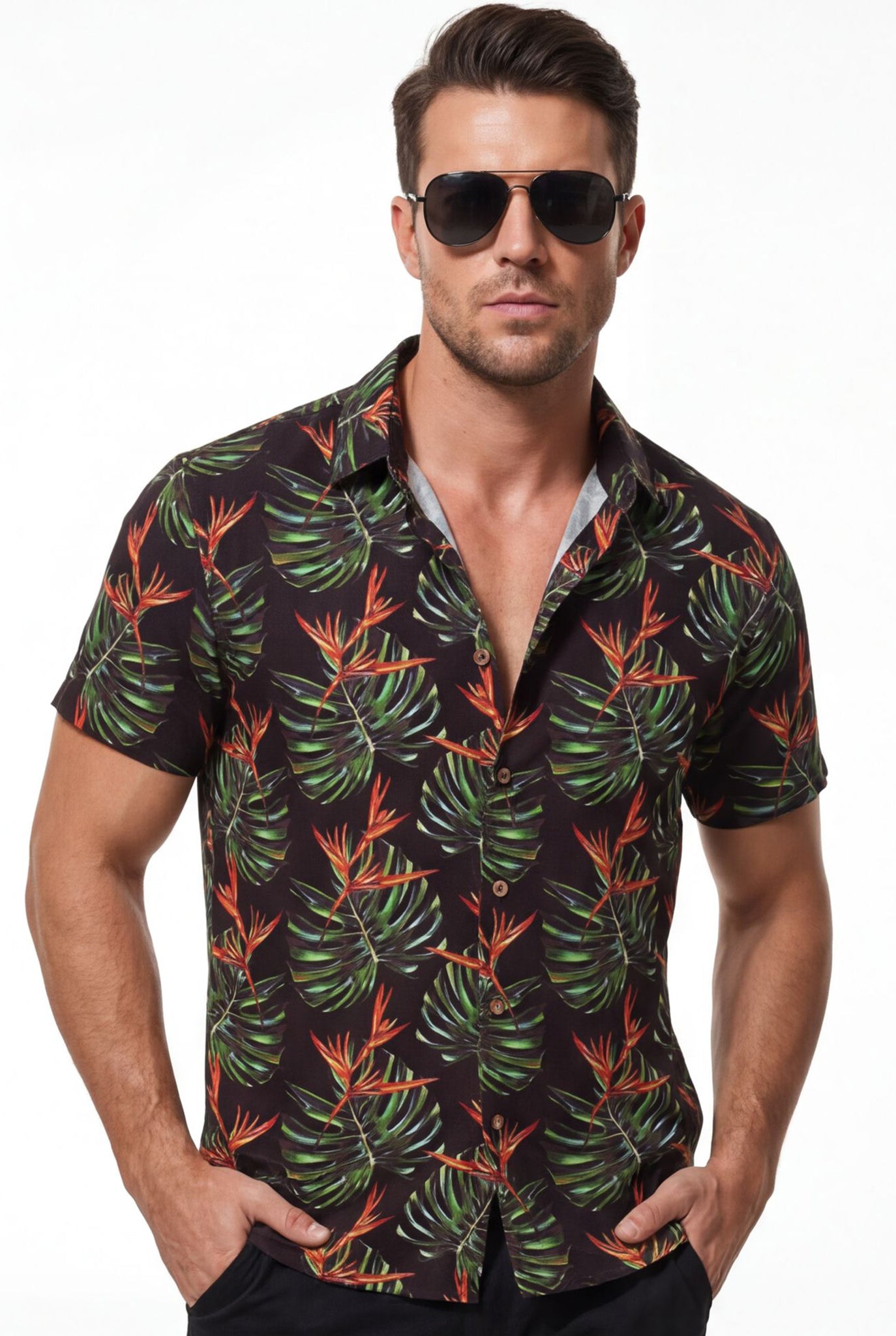 Hawaiian Aloha Shirt Men's Tropical Amazon Flowers Short Sleeve
