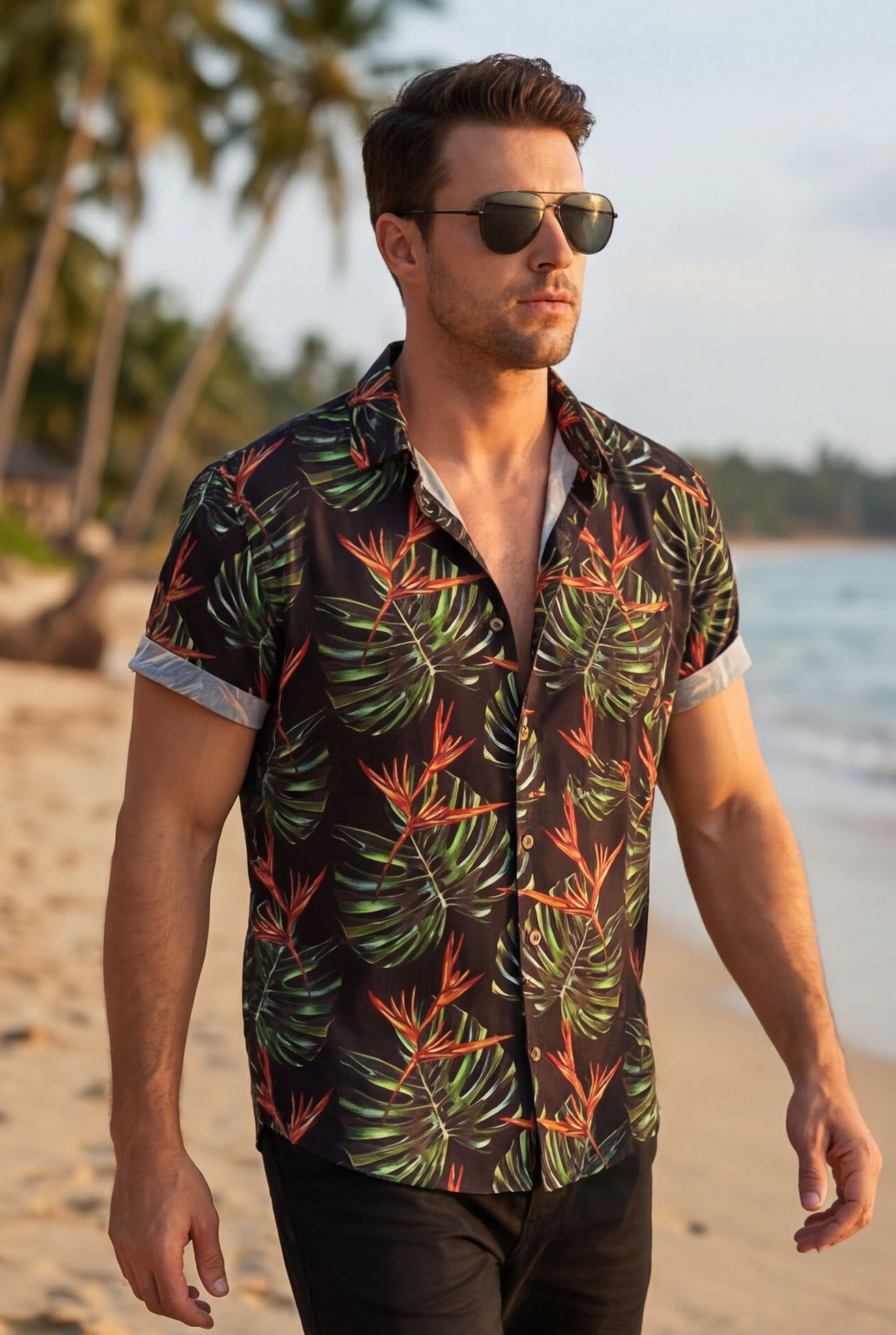 Hawaiian Aloha Shirt Men's Tropical Amazon Flowers Short Sleeve