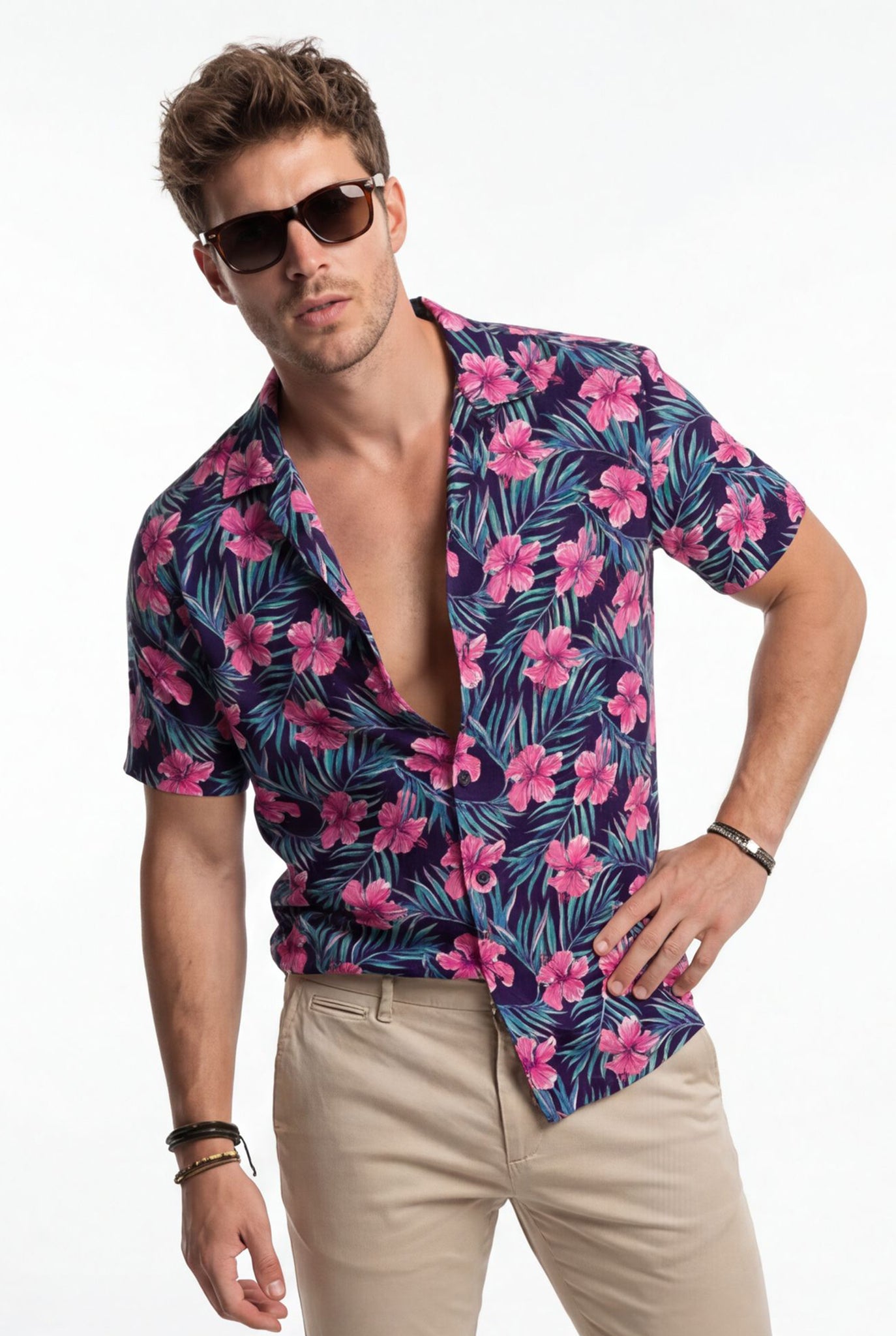 Hawaiian Aloha Shirt Men's Floral Tropical Pink Classical Print Short Sleeve