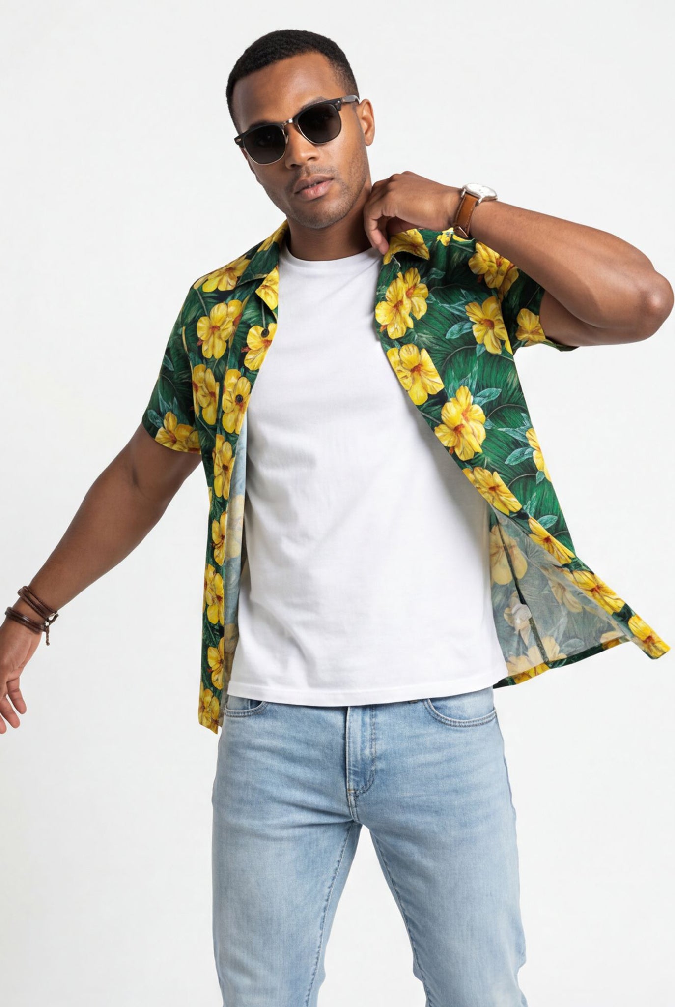 Hawaiian Aloha Shirt Men's Tropical Flowers Yellow Classical Short Sleeve